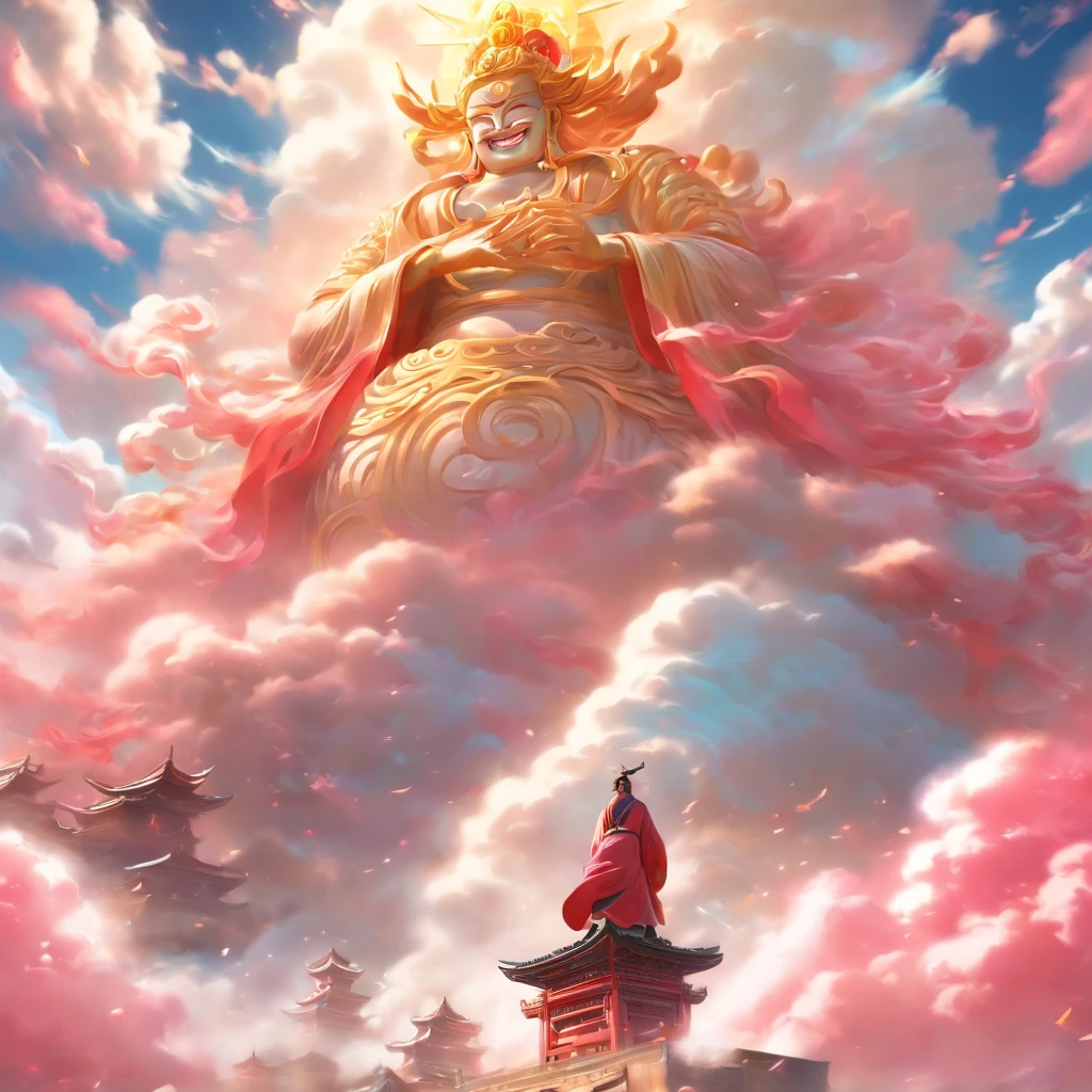 ((masutepiece))，(Best Quality))，china style，In the sky, The clouds form a huge transparent and shining white jade Maitreya statue，Thick clouds，sun shining，Pilgrims on the road，Hyper-realistic，Ultra photo realsisim，Pink，8K，High Definition，high quarity，Works of masters，super-fine，（（（OC Renderer）））faces