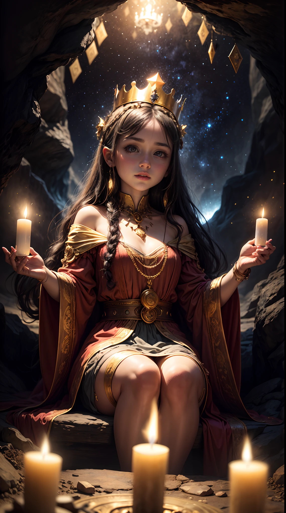 In the depths of a mystical cave, a young girl with a golden crown on her head sits surrounded by flickering candles, her outstretched hand summoning shimmering constellations of stars, as if the cave were a gateway to another dimension.