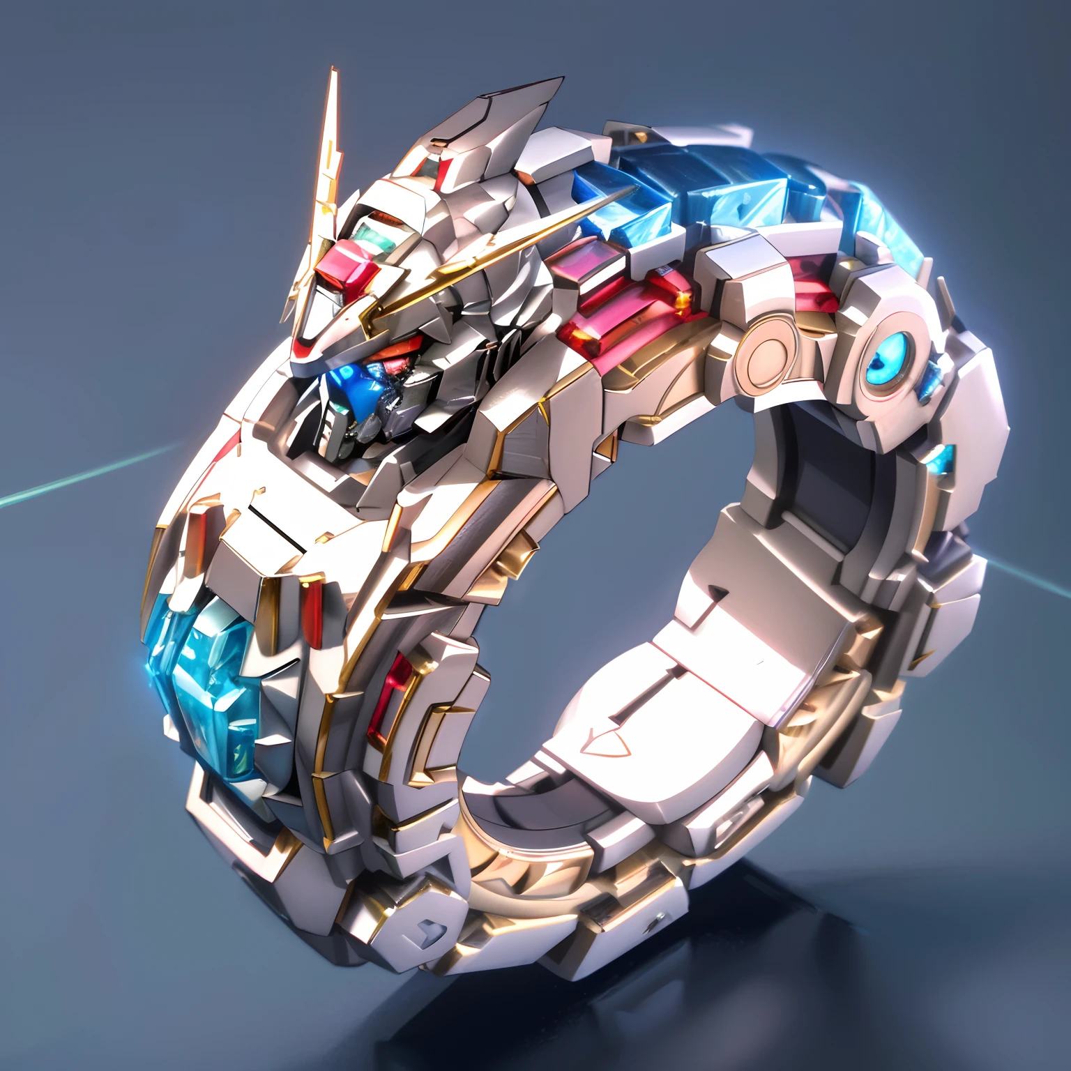 object,(Nothing but the ring),(No Man), (1 complex magic ring made by a Gundam robot,The head of a Gundam robot is engraved on the ring,The entire ring is made of titanium with ruby,Sci-fi from start to finish,Details with a metallic icy texture,Future mechanical technology process made,metallic luster,Icy mechanical line beauty), Simple sci-fi background,Colorful colorful, luxury goods,Positive image, product-view, solofocus, Ballpoint pen stroke,(tmasterpiece), high qulity,1.4 times real