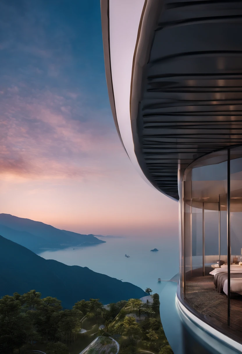 A hospital with a sense of futuristic technology,Hospital Rooms,Set against the mountains,Facing the lake,Huge swimming pool,modern architectural style, hyperedetailed photo,buliding,iintricate,shadowing, HighDynamicRange,Dynamic lighting, Fotorrealista, Natural soft light, Low H, tmasterpiece, Detailed 8K,Lots of detail,Oversized floor-to-ceiling glass,The combination of technology and the natural environment,Has a cool look,。The colors are saturated and vibrant,Warm blues and purples dominate the skyline。The overall effect is both beautiful and awe-inspiring,Visionary(wide wide shot)、超高分辨率(realness:1.4)、hyper qualit、Extremely detailed Cg Unity 8K wallpaper、Aesthetics、award winning photography、真实感、high detal、Detail enhancement,Remove blur,iintricate、The art of travel。the visual stunning shock。Beautiful futuristic city,Beautiful city, Chinese dream place, , pexels, blue hour photography,Chinese Dreamland,Spectacular clouds,Fantasy clouds。perfect compositions,The best exhibition,the golden ratio) ,pastelcolor,dramatics,cinmatic lighting,Trend at Artstation,trend in CGSociety,huge detail,