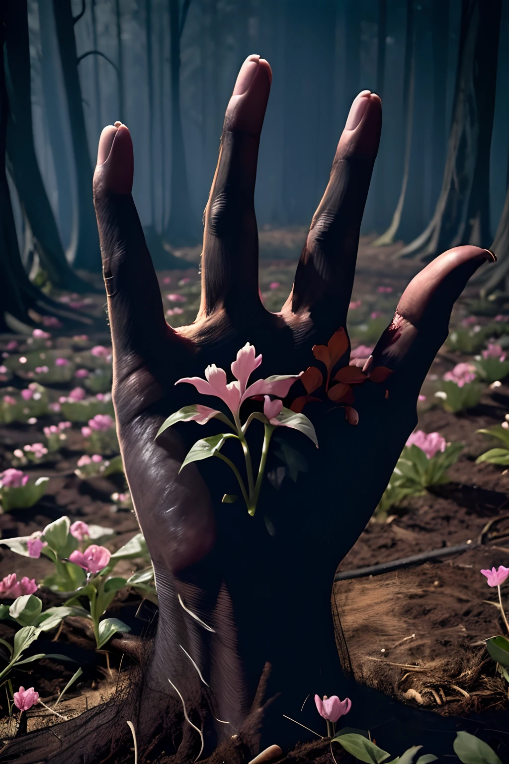 Scary, human hand growing out of the ground, dark, around the hand covered with scary flowers