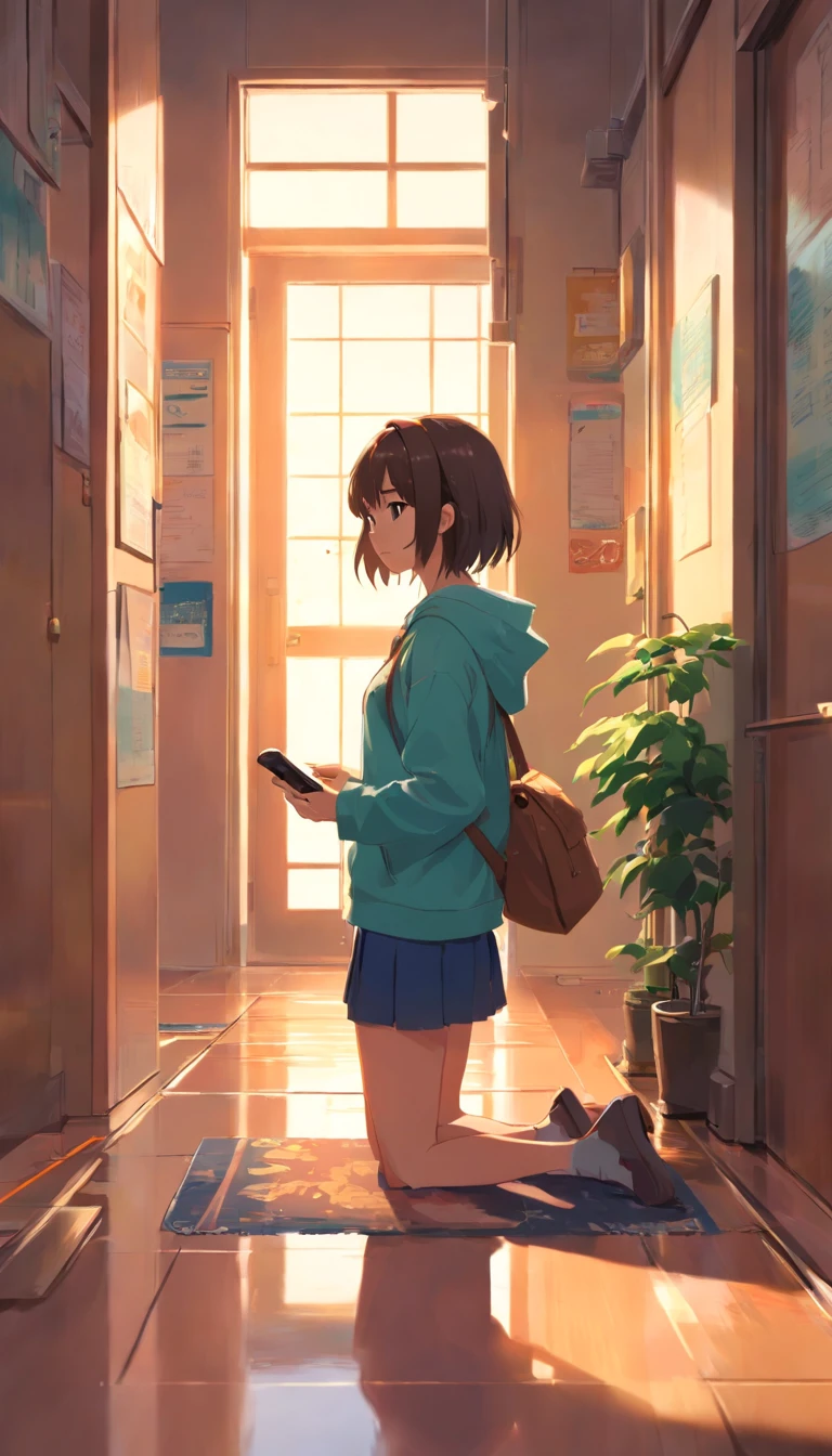 one-girl，Take your phone:0.4，Sit on the ground:0.2，doorways，Flooring，Back shadow ，Super detail, High details