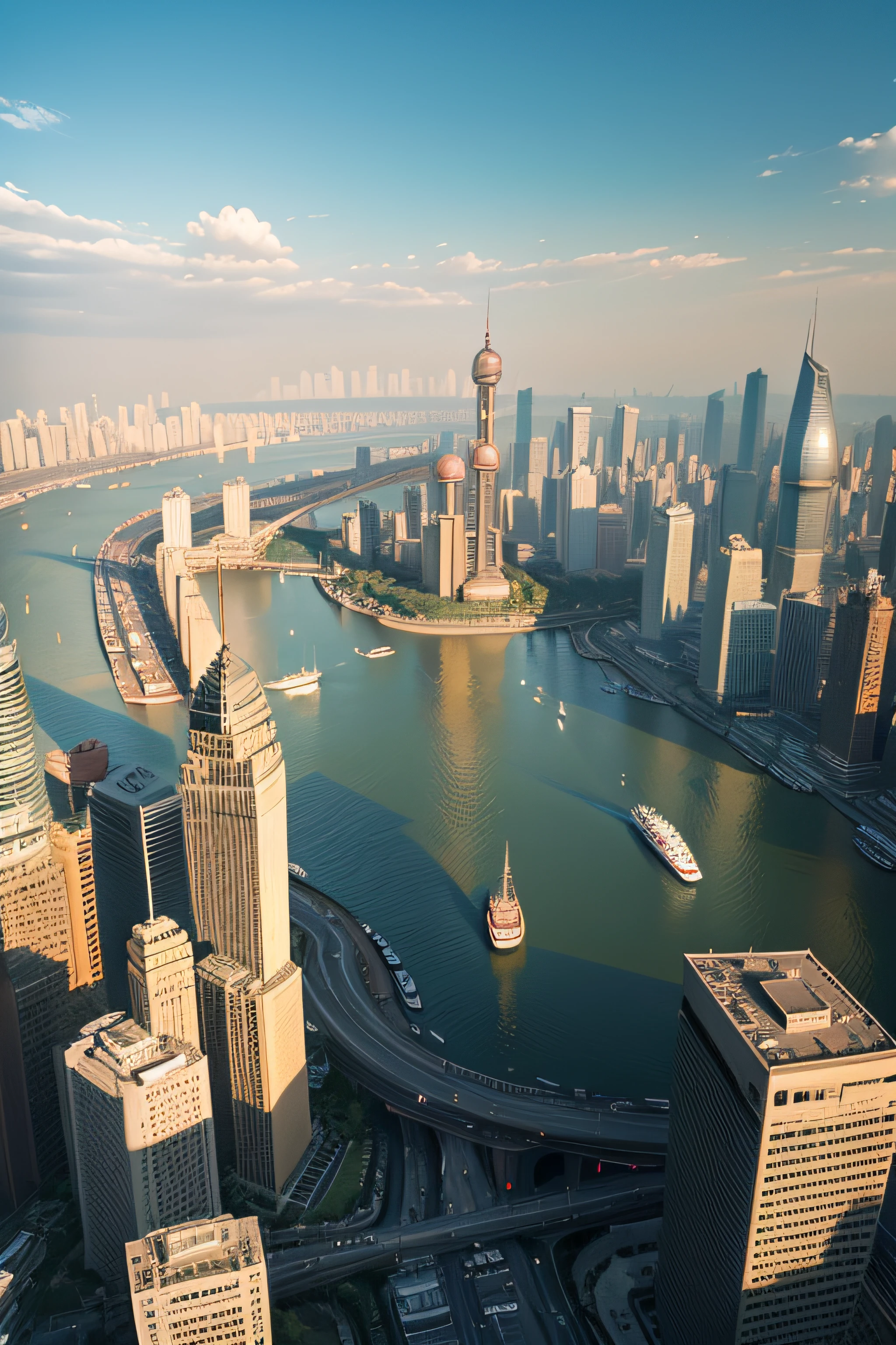 Overlooking the Bund in Shanghai,Sunshine during the day,photo realistic style:Photogram