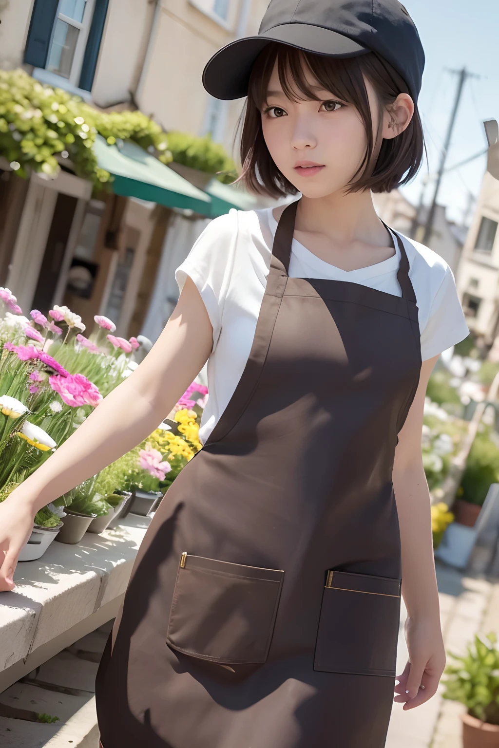8k, (RAW photo:1.2), ultra highres, best quality, masterpiece, real skin, physically-based rendering, full color, 1 girl, smile, detailed beautiful skin, face focus, (White T-shirt:1.1), denim pants, (dark brown apron:1.5), (black newsboy cap:1.1), collarbone, dark_hair, short hair, bangs, (hair_flower:1.2), (hair_ornament:1.5), windy, soft light, standing, (low angle:1.5), spring, flower shop, city,