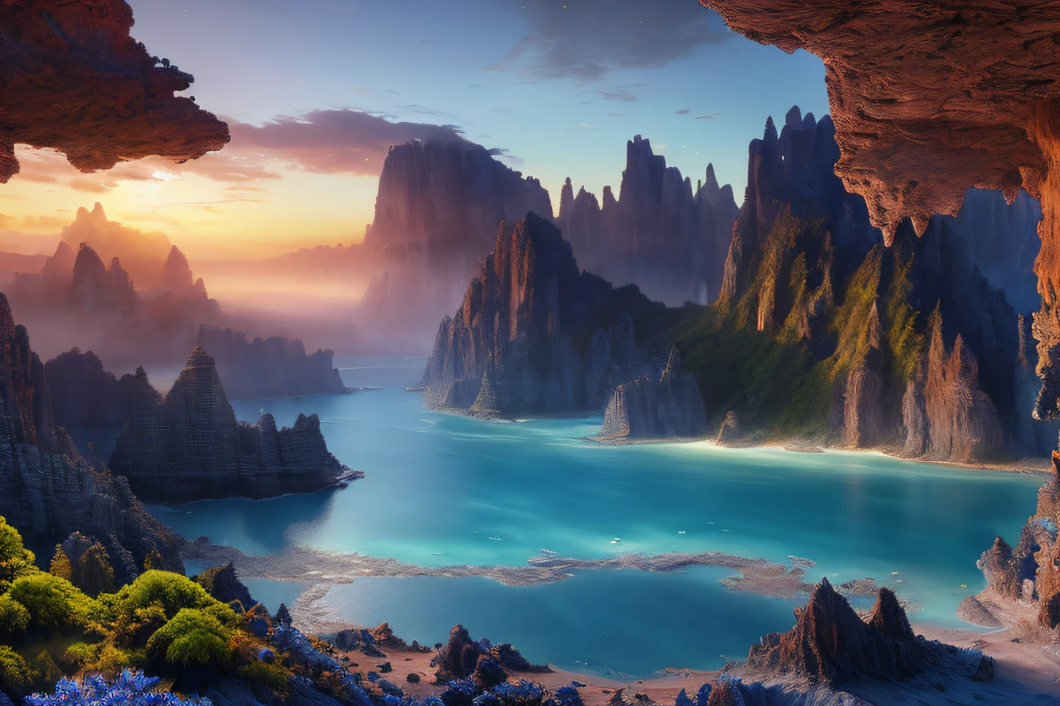 Landscape inside the earth, Agartha, mer cristalline bleu cobalt barque,glycine, Eau cristalline, coucher du soleil ,(Highly detailed CG Unit 8k wallpaper), The most beautiful work of art in the world, Professional majestic oil painting, complexe, High detail, mise au point nette, dramatique, Art of photorealist painting,