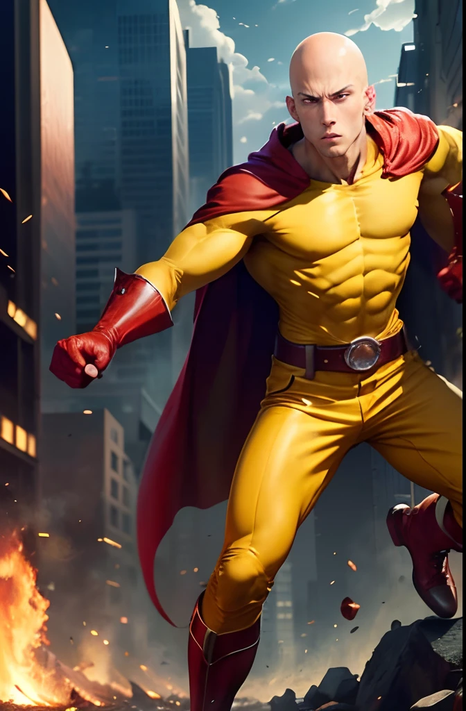 Absurd resolution, high resolution, (masterpiece: 1.4), hyperdetail, 1boy, young man, one-punch man, Saitama, fight, detailed masculine body, clean shave, bald. yellow outfit,red cape, fist is on fire. The backgrounds abandoned city.