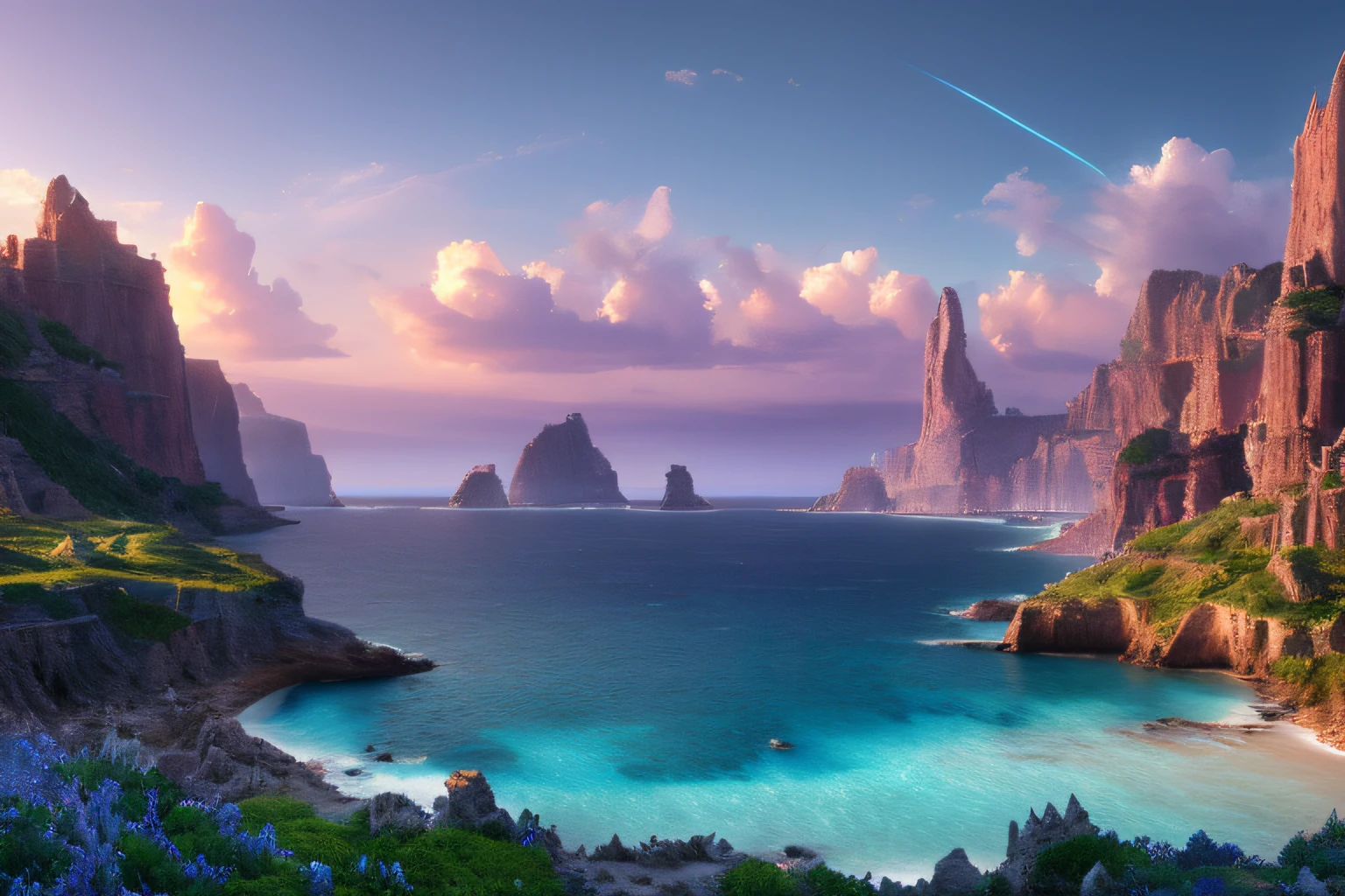 Landscape inside the earth, Agartha, mer cristalline bleu cobalt barque,glycine, Eau cristalline, ciel azur lumineux, ,(Highly detailed CG Unit 8k wallpaper), The most beautiful work of art in the world, Professional majestic oil painting, complexe, High detail, mise au point nette, dramatique, Art of photorealist painting,