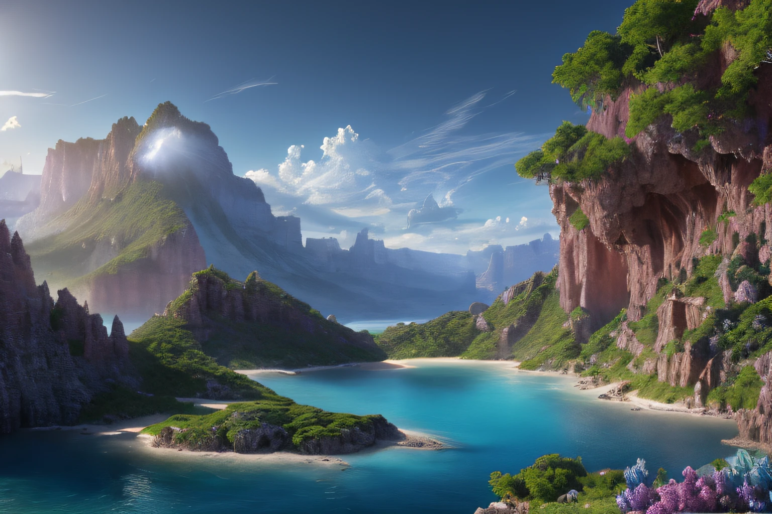 Landscape inside the earth, Agartha, mer cristalline bleu cobalt barque,glycine, Eau cristalline, ciel azur lumineux, ,(Highly detailed CG Unit 8k wallpaper), The most beautiful work of art in the world, Professional majestic oil painting, complexe, High detail, mise au point nette, dramatique, Art of photorealist painting,