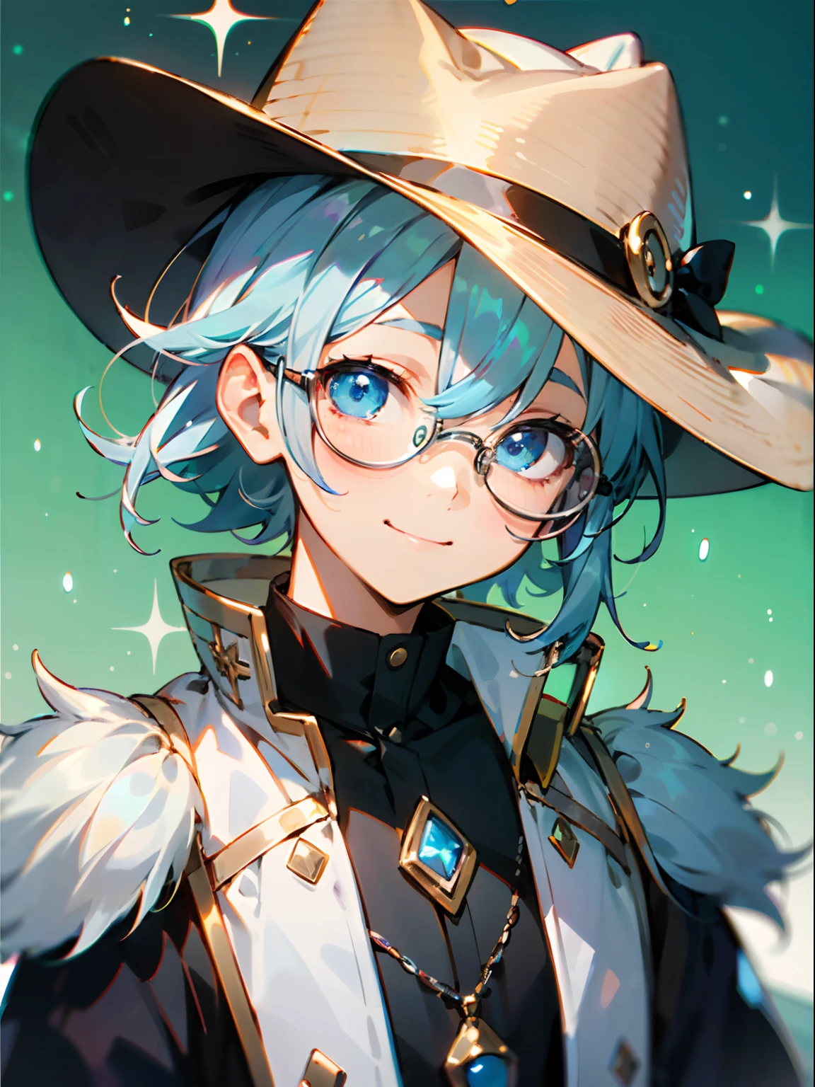(Male , eye glasses,blue eyess,A smile, silber hair),独奏,cowboy shot,Iridescent background