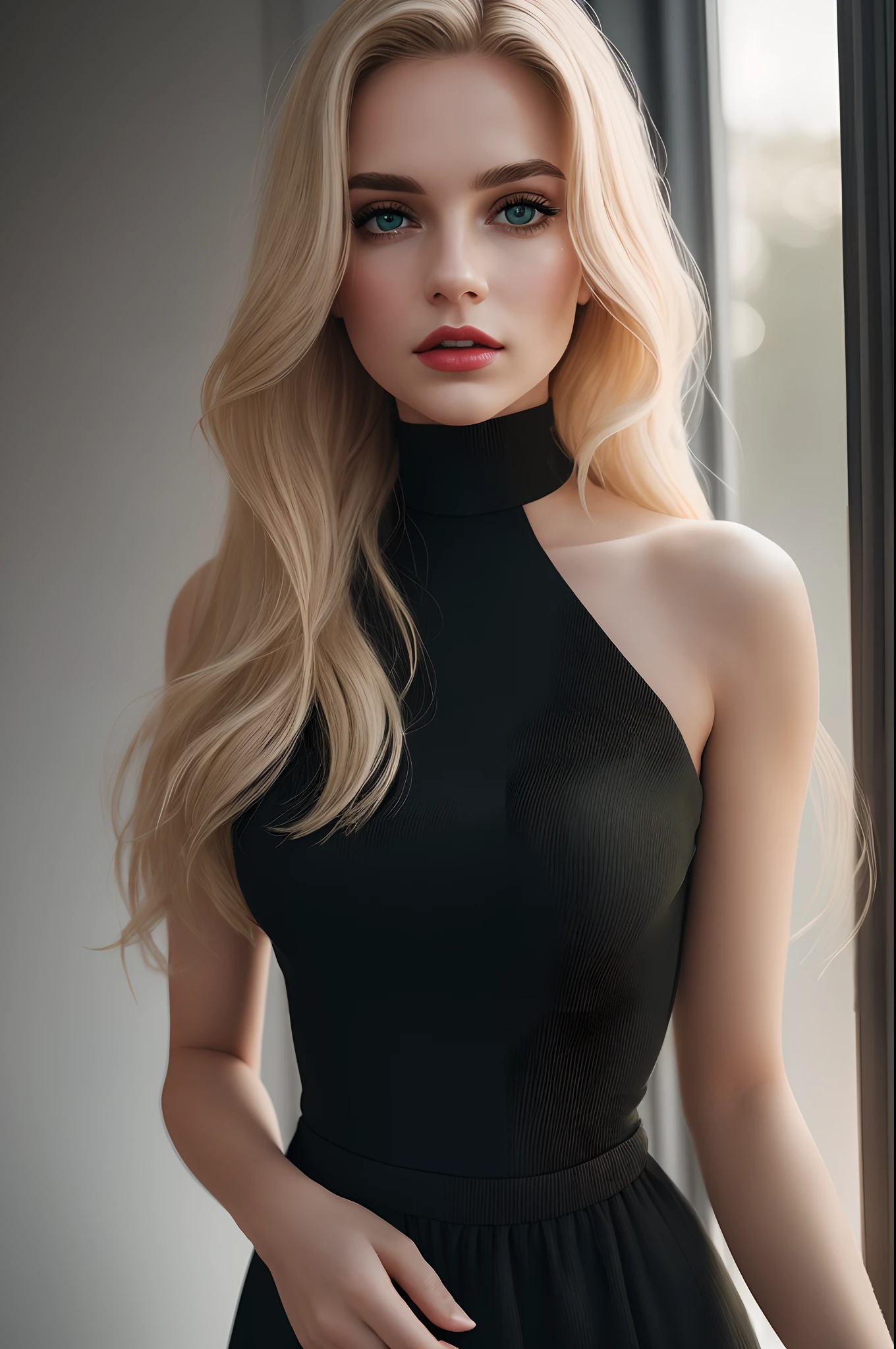 Aesthetic artwork, a woman, blonde hair, green eyes, straight hair, flushed cheeks, full lips, red lips, mischievous gaze, light brown skin, short black dress, sexy build, Texture 8K, highly detailed, Realstic, soft cinematic light, Hdr, Mise au point nette, tmasterpiece, FotorRealstic, award-winning photograph, Canon EOS R5, 35 mm