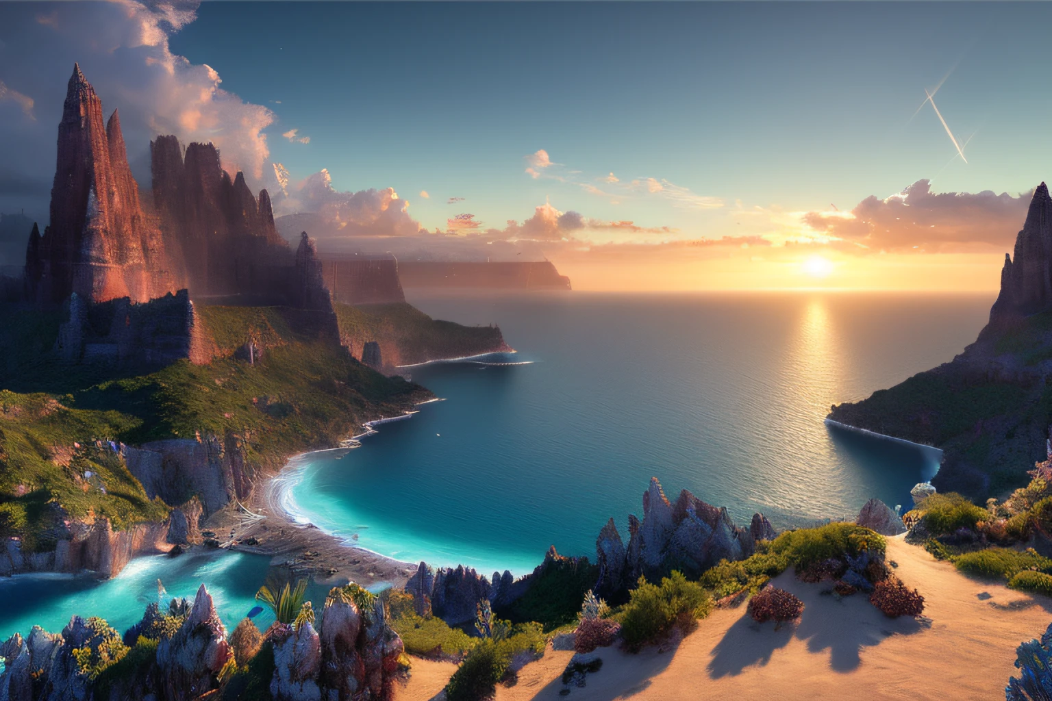 Landscape inside the earth, Agartha, mer cristalline bleu cobalt barque,glycine, Eau cristalline, ciel azur lumineux, ,(Highly detailed CG Unit 8k wallpaper), The most beautiful work of art in the world, Professional majestic oil painting, complexe, High detail, mise au point nette, dramatique, Art of photorealist painting,