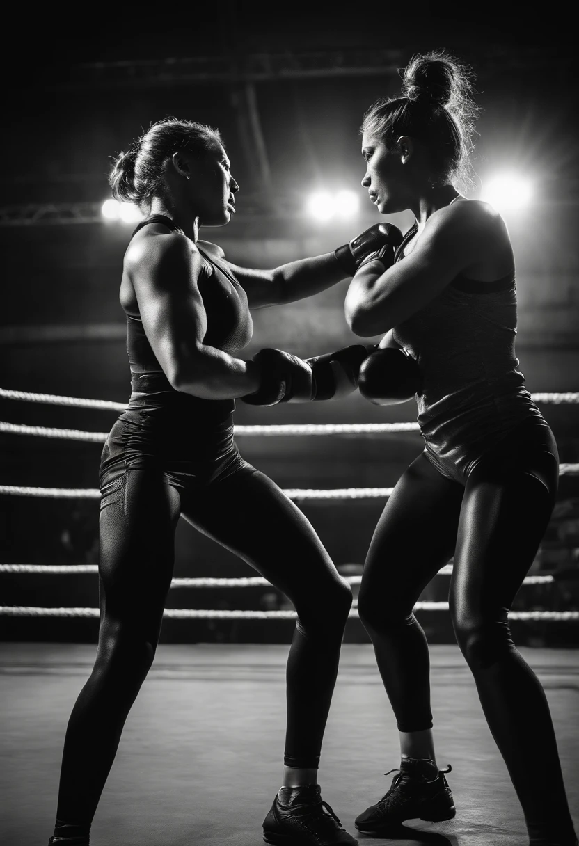 ultra-detailed,portrait,best quality,wrestling,2girls,action pose,gritty style,strong muscles,intense competition,fierce expressions,metallic texture,dynamic lighting,highres,black and white contrast,close-up shots,epic moves,emotion-filled faces,sharp focus,physical strength,impressive athleticism,vivid emotions,striking composition,aggressive body language,athlete determination,bokeh,photorealistic.