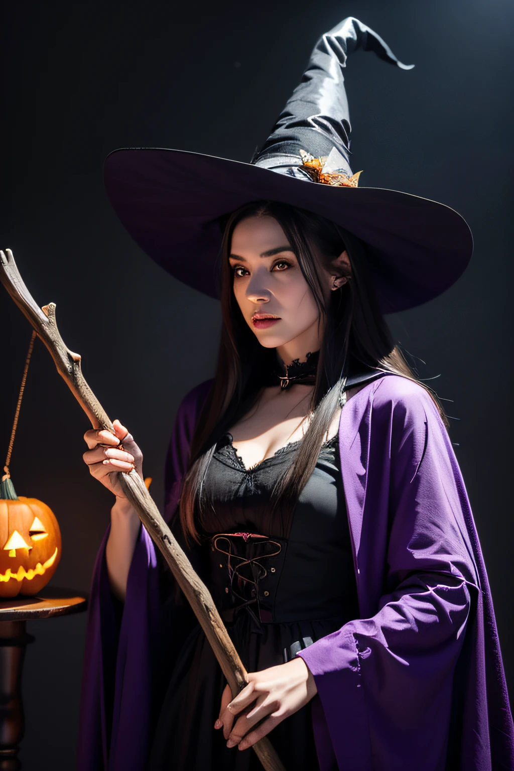 The witch holds a pumpkin staff, Wearing a witch's pointed hat, Purple bat style clothes, cinematic lighting, best quality, textured skin, anatomically correct