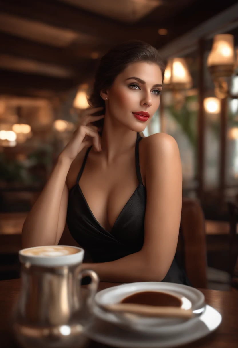 (En perspective) Gorgeous sexy brunette woman perfect secretary 23 years old straight hair with ponytail silky white skin oily (humide) fleshy lips, (photoreallistic:photoreallistic, 8K masterpiece), gros seins portant une chemise blanche moulante (surbrillance sur les seins), sitting at a restaurant table holding a cup of coffee (Hyperrealistic: Realstic, Environment with intricate details), avec un trait sensuel sur le visage: (Texture & Environment Professional Photography Pure Perfect Lighting).