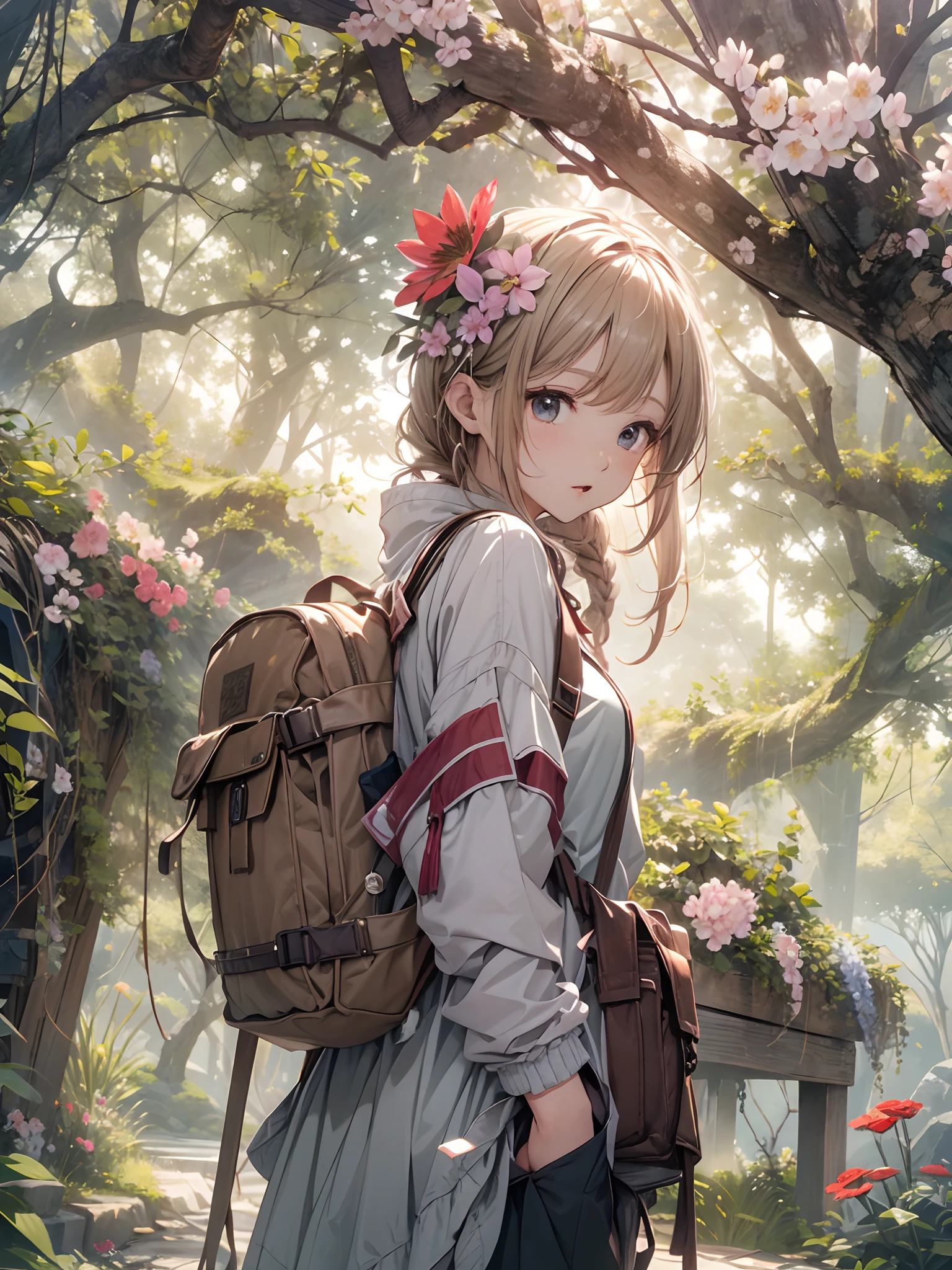 masterpiece、top-quality、8K,女の子1人、独奏、from the rear、rucksack、Light jacket、Daytime、the woods、The tree、lots of flower、cliff、Soto、sunlights、mountainous setting、Skysky、Warm lighting、surrealistic、细致背景、depth of fields、Rim lighting、Specular Highlights、bloom、Atmospheric lighting、Sunlight、