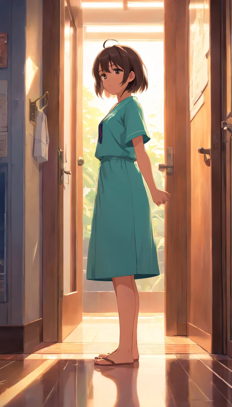 one-girl,Take your phone:0.4,Sit on the ground:0.2,doorways,Flooring,Back shadow ,Super detail, High details