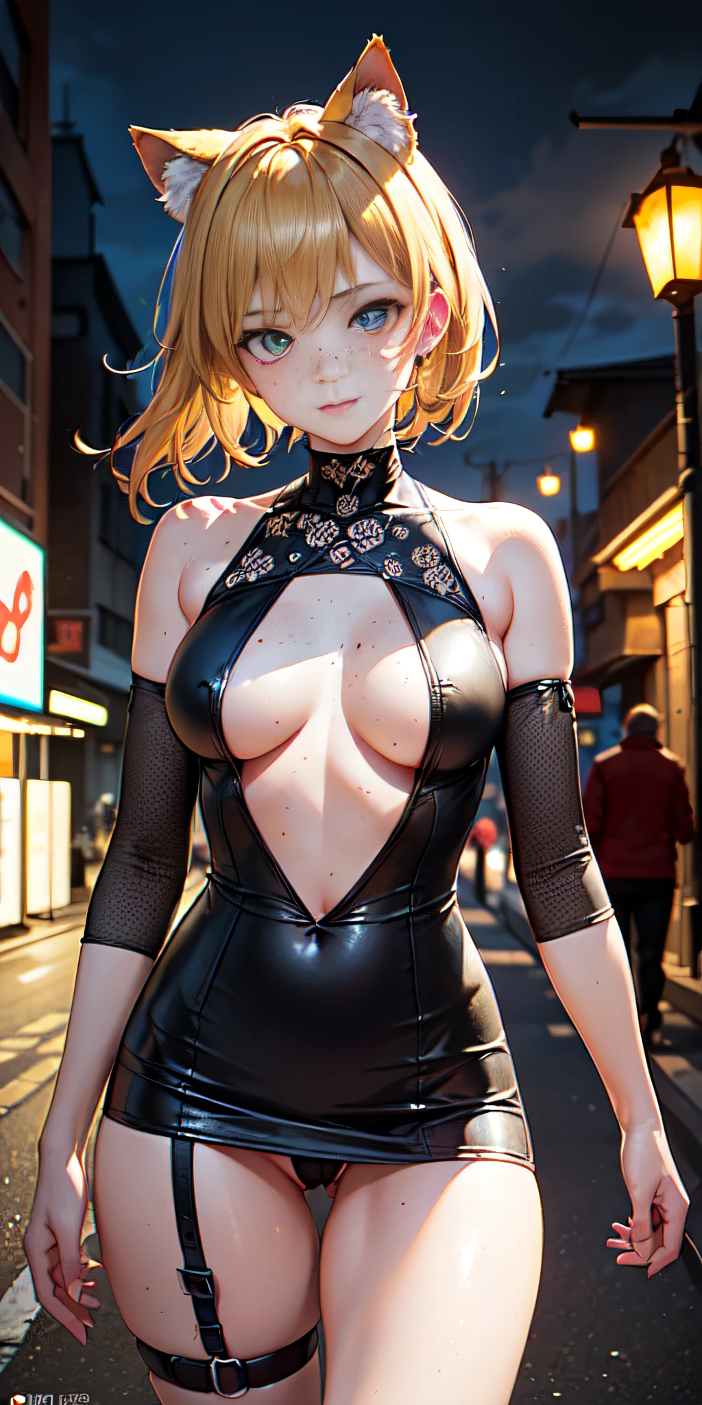 Cowboy shot, realistic, (((Hungarian woman 18 years old, Little Cat  walking on the street))),(((Slim Cat Girl))), (((Big cat style ears on head))) , (((rounded medium chest))),(((blonde hair: 1.35 messy, Dyed inner hair))),((eyes: yellow and orange heterochromia, Beautiful eyes with intricate details)),(((freckles on the face))),(((Lustrous skin:1.3, shiny skin:1.2))), (Delicate and detailed fingers, Detailed body, human hands,(Detailed face)), Cute, slutty, erotic,(((NSFW) )), Zettai Ryouiki, Show Skin, (((Neon rave shirt, Black rave miniskirt, Visible thong straps))), (in rave outfit:1.2, half-naked), (Clothes with intricate details), (dynamic pose:1.0 ), Solo Focus, Embarrassed, Centered, Scale to fit dimensions, Rule of Thirds, Outdoor, ((Night View)),(Cyberpunk Night Street, Dark Sky:1.2, Lonely Alley, Thick Clouds, Background Detailed:1.25), (Best Quality), (Sharp Focus),((Intricate Details)),(Very High Quality Illustrations), (((Masterpiece))), Vibrant Colors, High Contrast, Selective Lighting, Dual exposure, HDR (high dynamic range), Post-processing