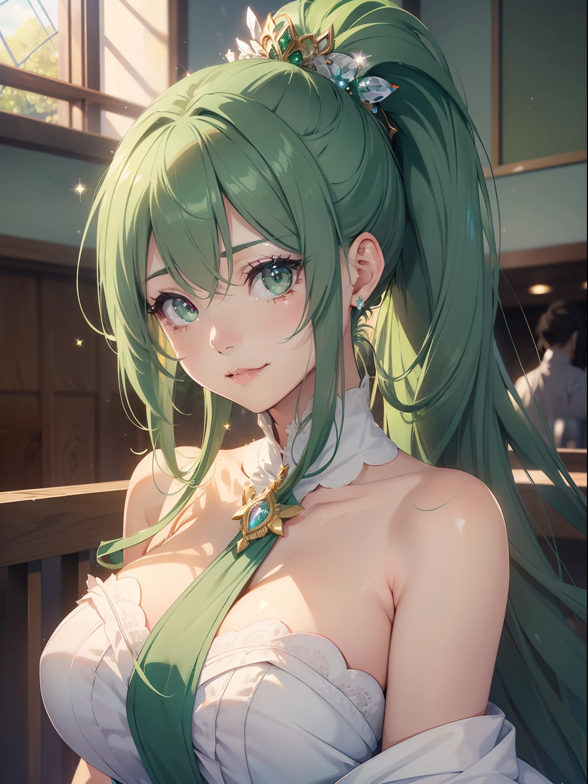8K、quality、On the table、super high image quality、ultra - detailed、super beautiful、Super realistic hair texture、anime illustration、Super realistic sensuality、FULL-BODY ESBIAN、Charming look、shave 、Off-the-shoulder blue yukata、Beutiful women、blue long hair、pony tails、eBlue eyes、Glossy glossy skin、Very huge、Red lace breasts are super big、Glossy glossy skin 、Clear skin、Japanese style room with daytime background,Green hair,
