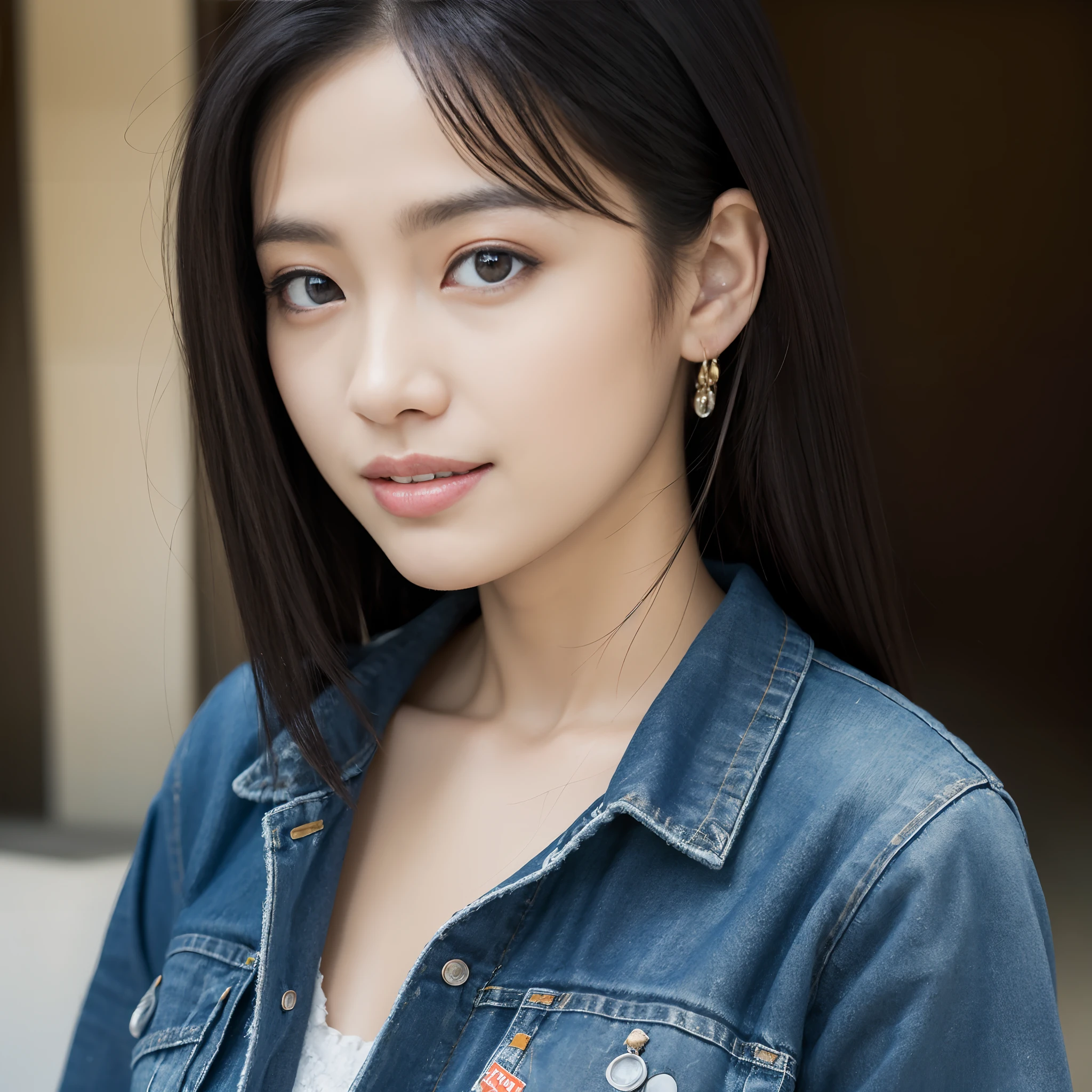 (masterpiece), (high resolution 32K), photo realistic, Japanese choibusu girl,20years old,black hair,brown eyes,large,(she wears denim jumpsuit),no bra,breast out, (symmetrical clear eyes:1.3), detailed eyes and face, detailed body, detailed skin, detailed hair,half-smile,emotional faces,half-smile,teeth,solo,looking at viewer,outdoor, car-garage,old car behind her, afternoon, natural lighting, Sony α7, 50mm, f1.4