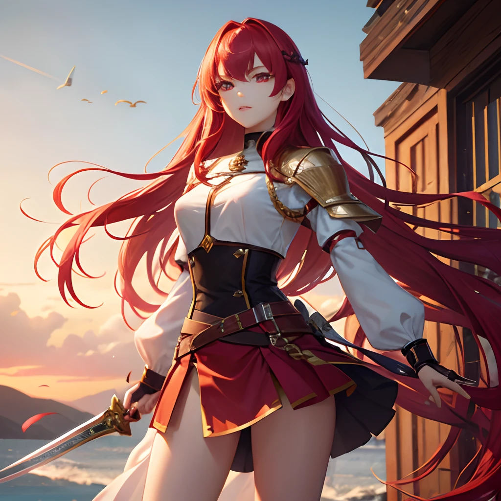 Generate beautiful images of young women who look like knights commanders. She has long, silky, Bright red hair blown in the wind, Wearing a short skirt, Eta、With a thin sword sheathed at his waist、Staring with red eyes.