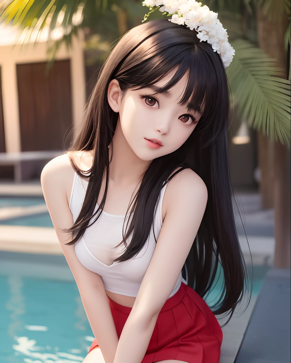 pureerosface_v1, best qualtiy, realisticlying, 8k, A high resolution, 1girll, woman, (dent in the skin), (sportrait:0.6), opulent, dynamicposes, ((poolsidebackground:1.6)), coconut palms, ((mediumsize roundbreast,Red skirt:1.4,black lence stockings)), head straight-looking at viewer:1.8, (1 girl looks at the audience with eyes, medium lenght hair, A brown-haired, Separate bangs:1.65), (bokeh), ssmile:1.2, (Keep one's mouth shut:1.16),