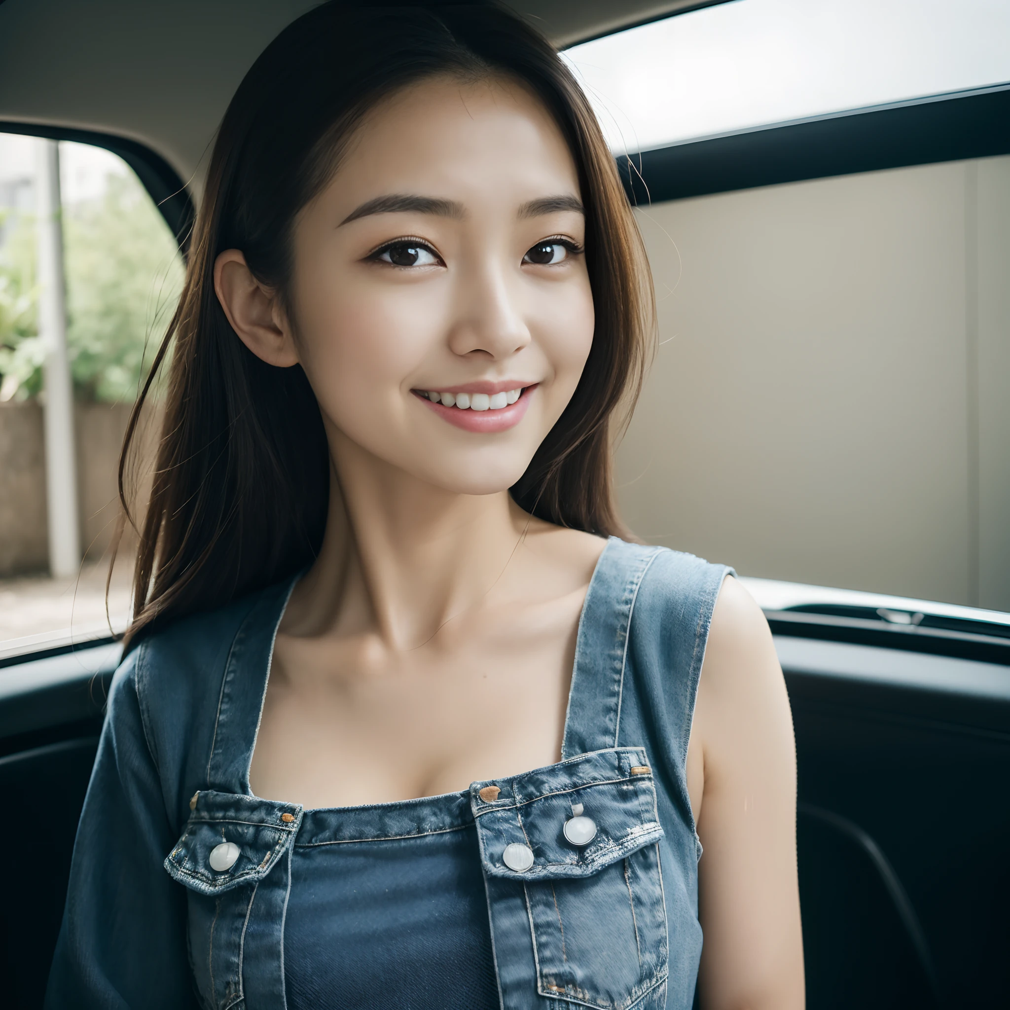 (masterpiece), (high resolution 32K), photo realistic, Japanese choibusu girl,20years old,black hair,brown eyes,large,(she wears denim jumpsuit),no bra,breast out, (symmetrical clear eyes:1.3), detailed eyes and face, detailed body, detailed skin, detailed hair,half-smile,emotional faces,half-smile,teeth,solo,looking at viewer,outdoor, car-garage,old car behind her, afternoon, natural lighting, Sony α7, 50mm, f1.4