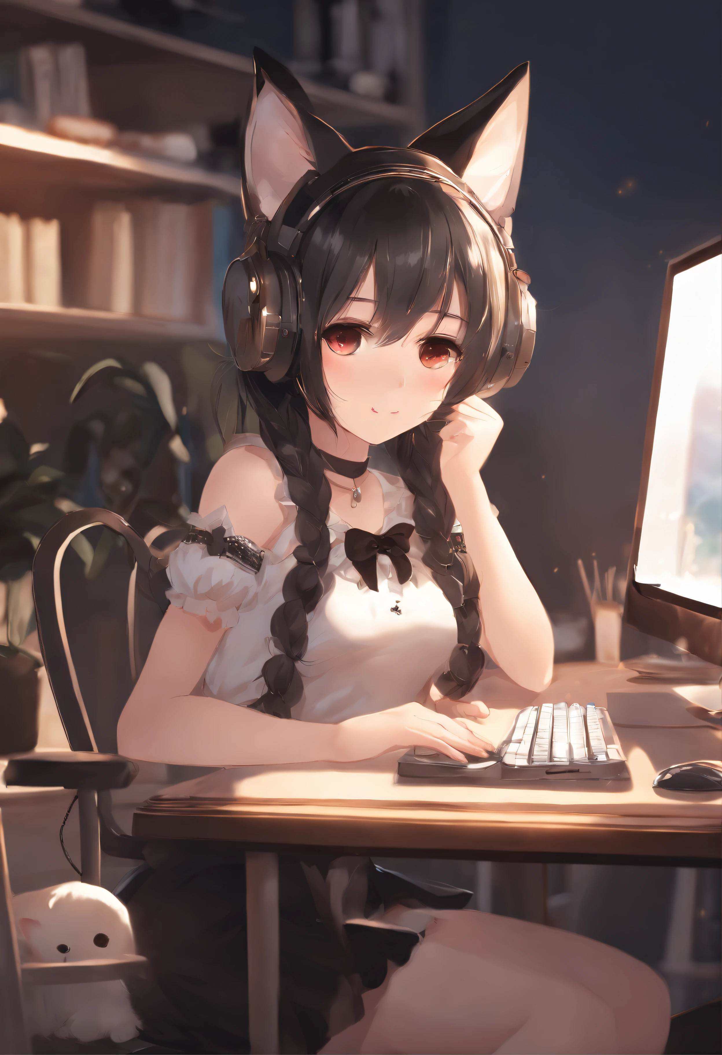 Anime girl with cat ears sitting at computer desk，There is a cat on his head, cute anime catgirl, anime girl with cat ears, beautiful anime catgirl, anime catgirl, Cute anime girl, Very beautiful anime cat girl, very beautiful cute catgirl, Cute anime style, style of anime4 K, lovely art style, Cute anime, Splash art anime Loli