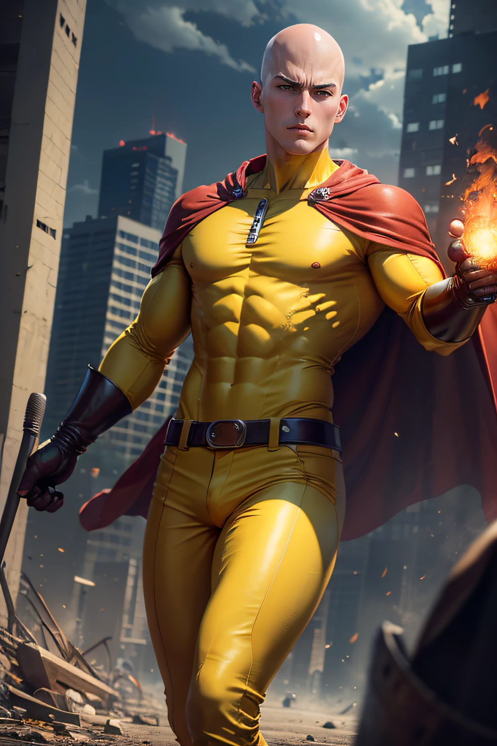 Absurd resolution, high resolution, (masterpiece: 1.4), hyperdetail, 1boy, young man, innocent face, one-punch man, Saitama, fight, detailed masculine body, clean shave, bald. yellow colour outfit, red cape and ,red boots and gloves, fist is on fire. The backgrounds abandoned city.