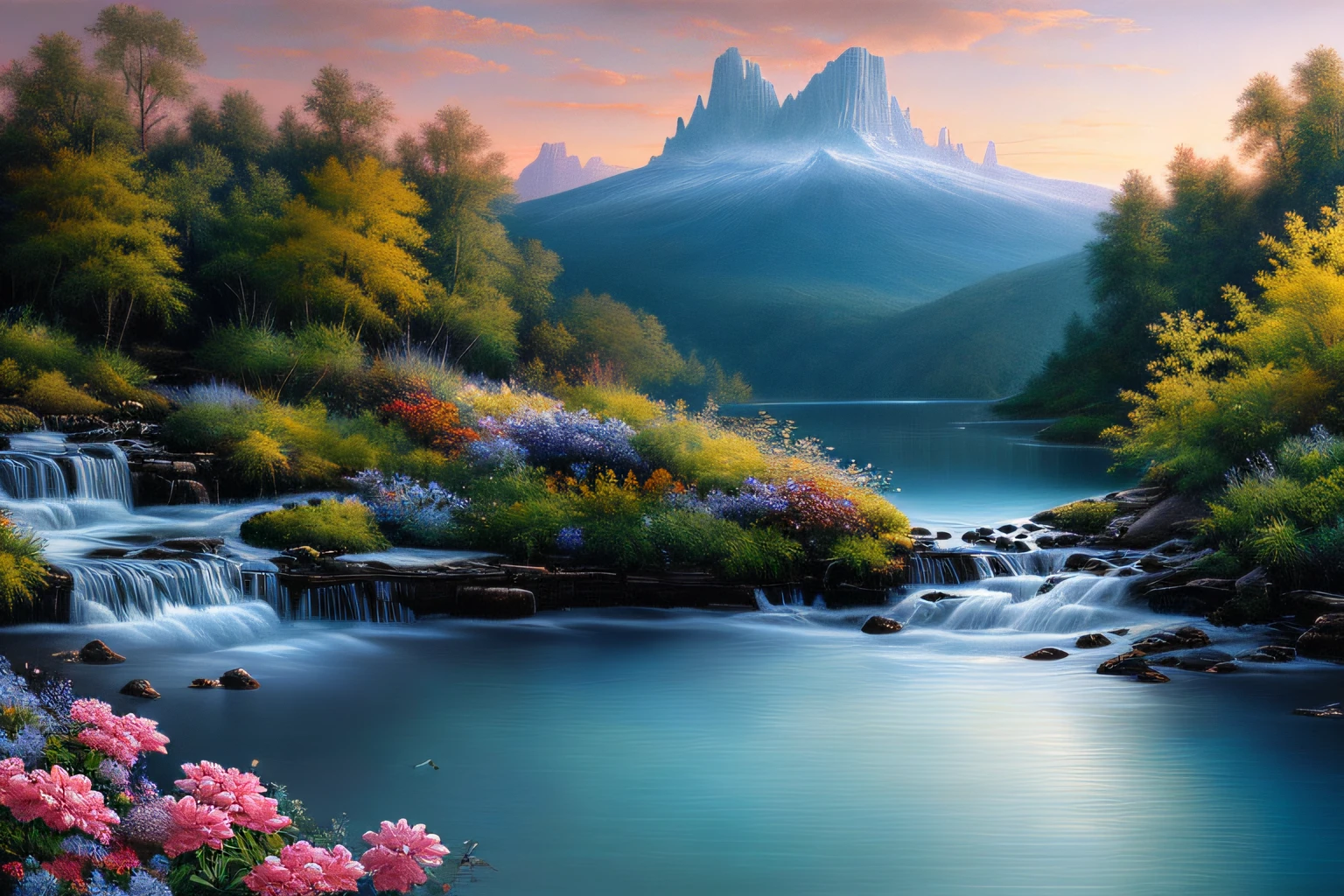 Landscape inside the earth, mer cristalline bleu cobalt, petite barque,fleurs, barque sur l'eau, Eau cristalline, coucher du soleil, ,(Highly detailed CG Unit 8k wallpaper), The most beautiful work of art in the world, Professional majestic oil painting, complexe, High detail, mise au point nette, dramatique, Art of photorealist painting,