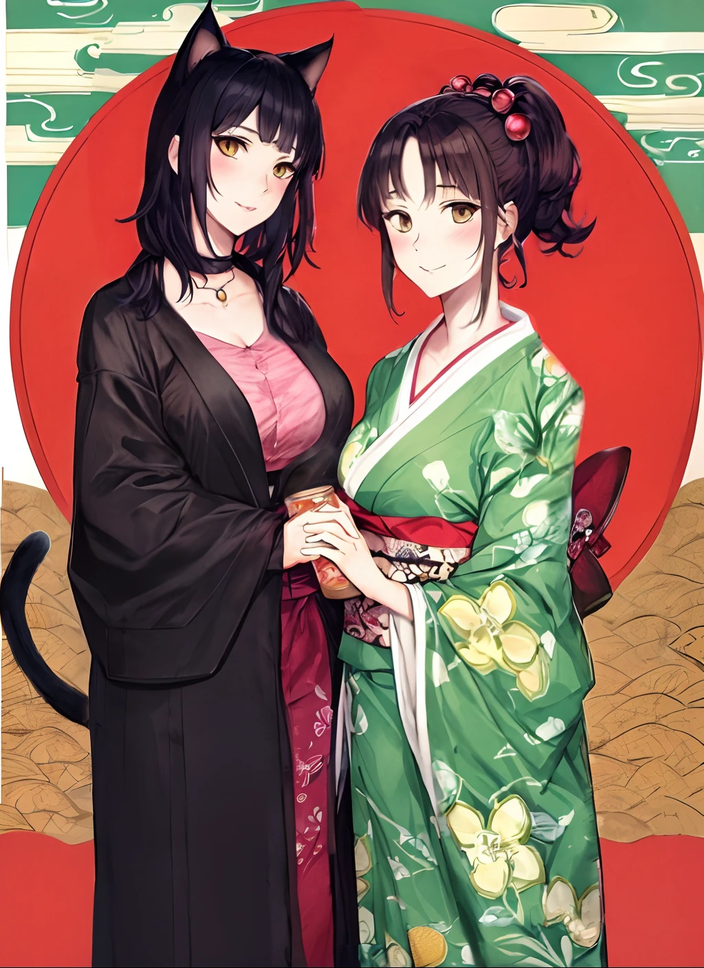 Kimono Anime Girl And Cat Kimono Kim, in a kimono, Full Color Manga Cover, in a kimono, inspired by Torii Kiyonaga, yen press, in the art style of ukiyo - e, japanese shoujo manga, two beautiful anime girls, by Kamagurka, by Yanagawa Nobusada