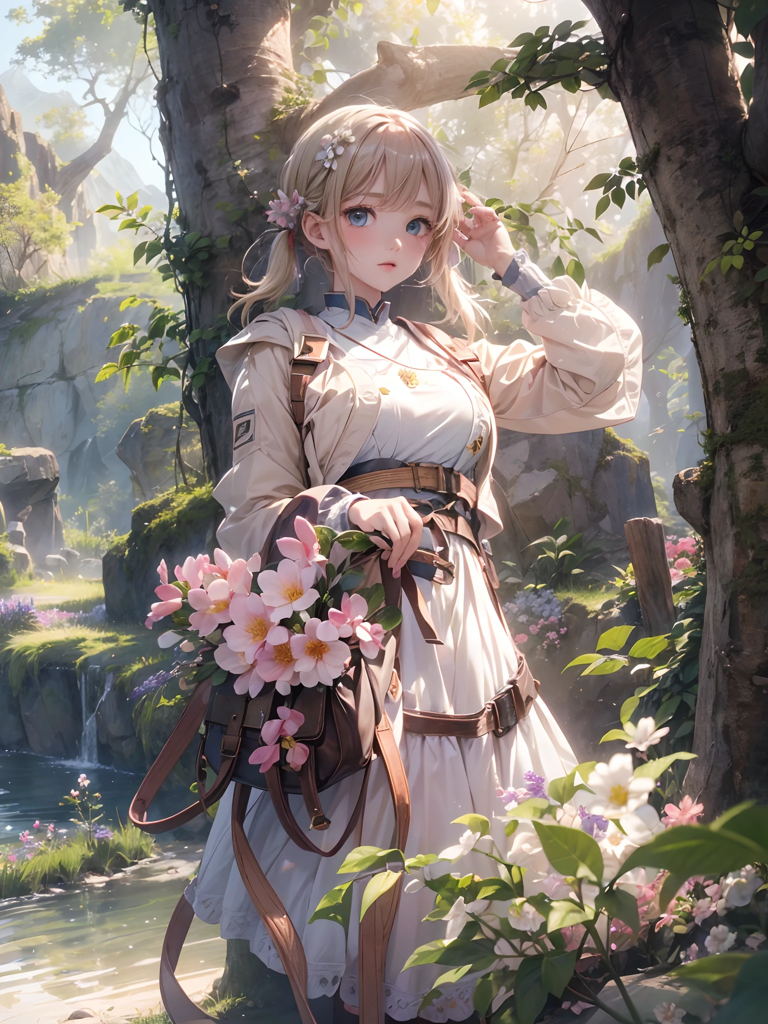 ​masterpiece、top-quality、8K,女の子1人、extremely beautiful detailed face and eyes, Short hair, Blonde hair with short twin tails, Shiny hair, Delicate beautiful face, red blush、(Deep Blue Eyes:1.12 , from the rear、rucksack、Light jacket、Daytime、the woods、The tree、lots of flower、cliff、Soto、sunlights、mountainous setting、Skysky、Warm lighting、surrealistic、细致背景、depth of fields、Rim lighting、Specular Highlights、bloom、Atmospheric lighting、Sunlight、