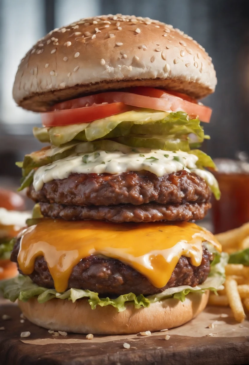A burger falling in pieces juicy, tasty, hot, promotional photo, intricate details, hdr, cinematic, adobe lightroom, highly detailed