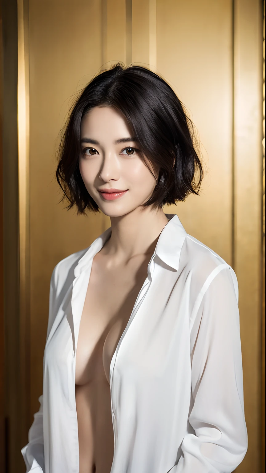 (masterpiece:1.3), (8k, photorealistic, RAW photo, best quality: 1.4), japanese, (1girl), beautiful face, (realistic face), (black hair, short hair:1.3), beautiful hairstyle, realistic eyes, beautiful detailed eyes, (realistic skin), beautiful skin, attractive, ultra high res, ultra realistic, highly detailed, golden ratio, (detaled face:1.2),looking at viewer,smile,open white shirt,medium breasts,standing,hand on hip