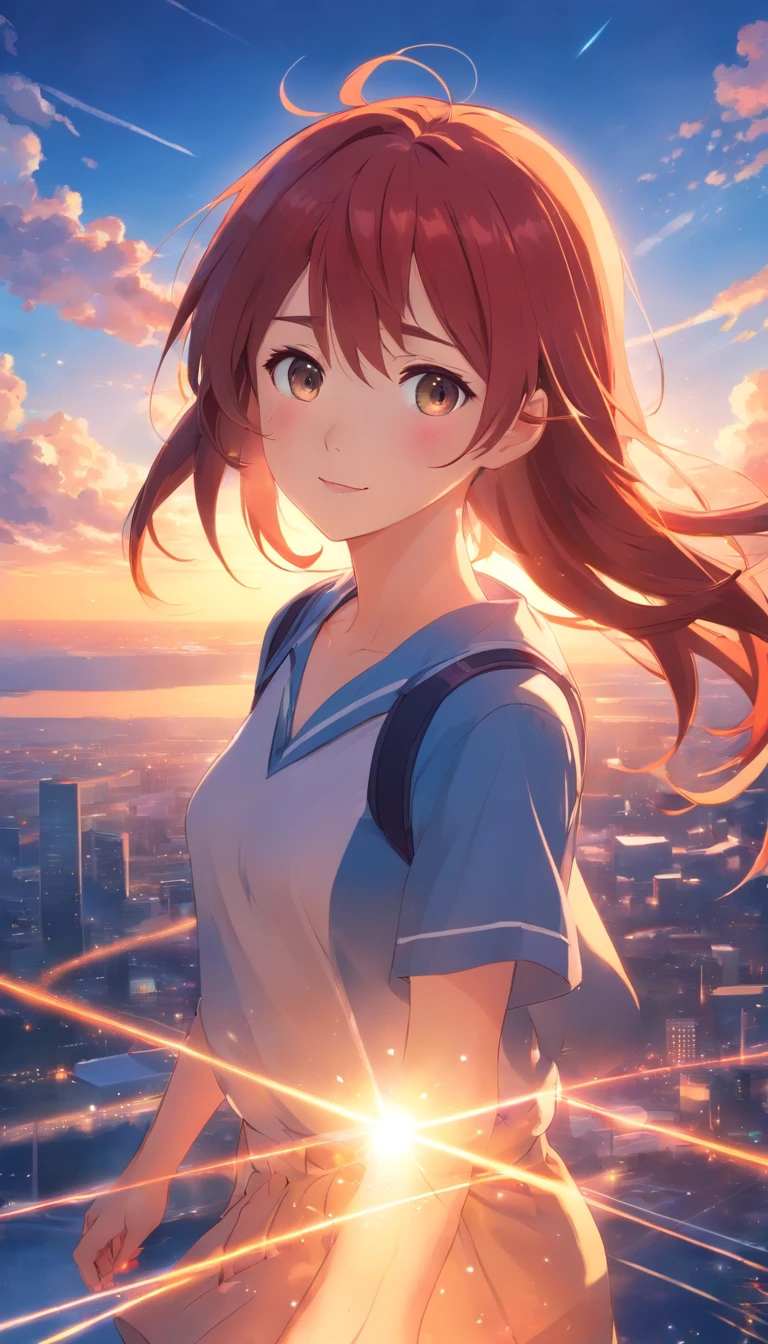 ​masterpiece、top-quality、Movie stills、1girl in、Cloud Girl、floating in sky、a closeup、with light glowing、Happiness、Warm and soft lighting、the setting sun、(Spark:0.7)、Red hair、hi-school girl