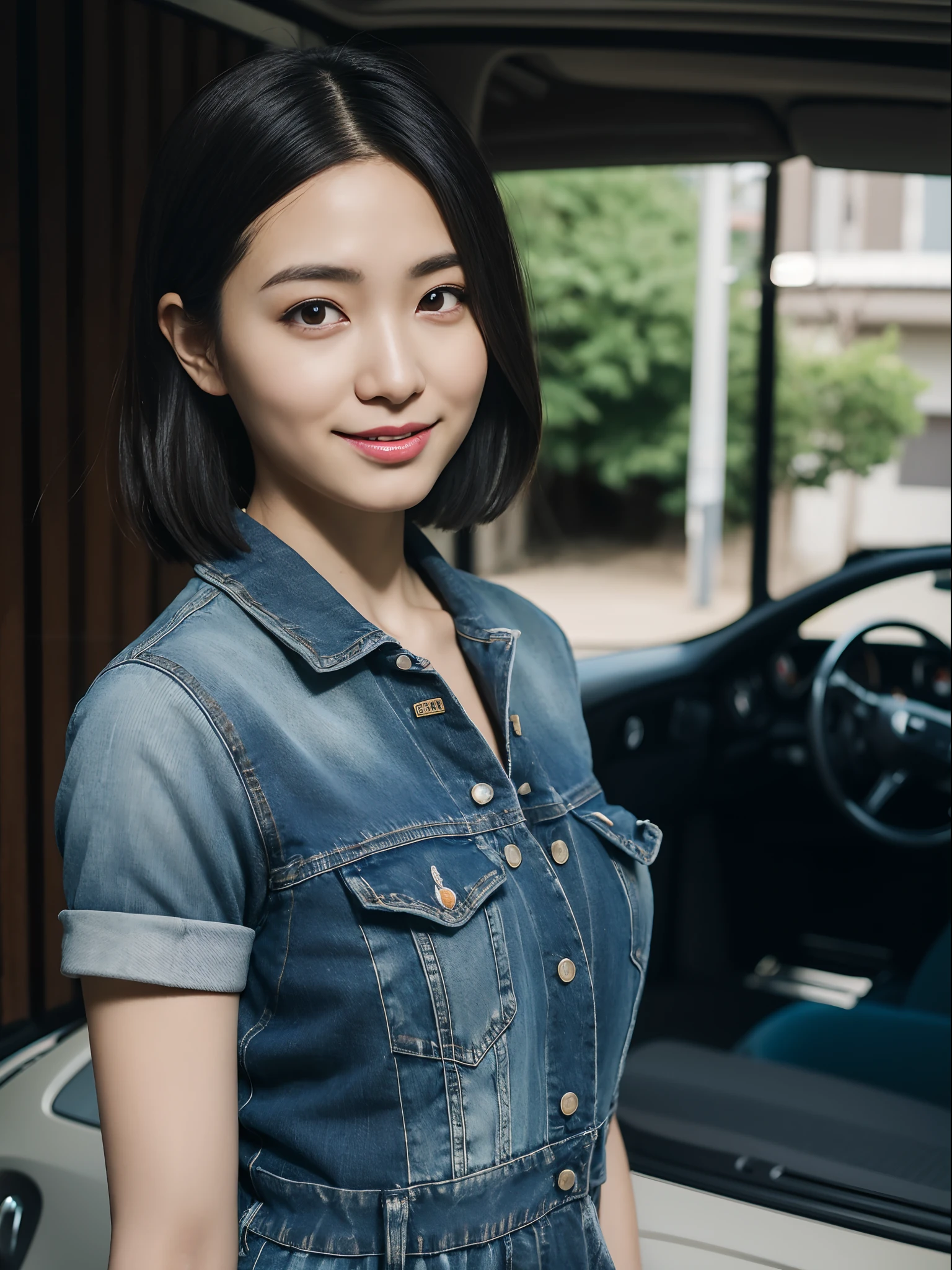 (masterpiece), (high resolution 32K), photo realistic, Japanese choibusu girl,20years old,black hair,brown eyes,large,(she wears denim jumpsuit),no bra,breast out, (symmetrical clear eyes:1.3), detailed eyes and face, detailed body, detailed skin, detailed hair,half-smile,emotional faces,half-smile,teeth,solo,(full body),looking at viewer,outdoor, car-garage,old car behind her, afternoon, natural lighting, Sony α7, 50mm, f1.4