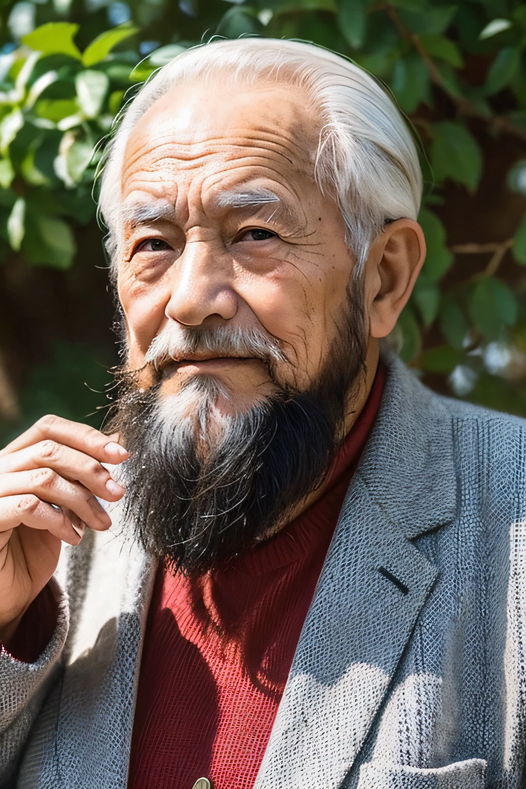 An old man with traditional Chinese thinking,Real frontal photos,Authentic background,The background is nature,Holding a book,worn-out clothing,Face full of wrinkles,80-year-old man,Wise eyes,The beard is white,male people,country style