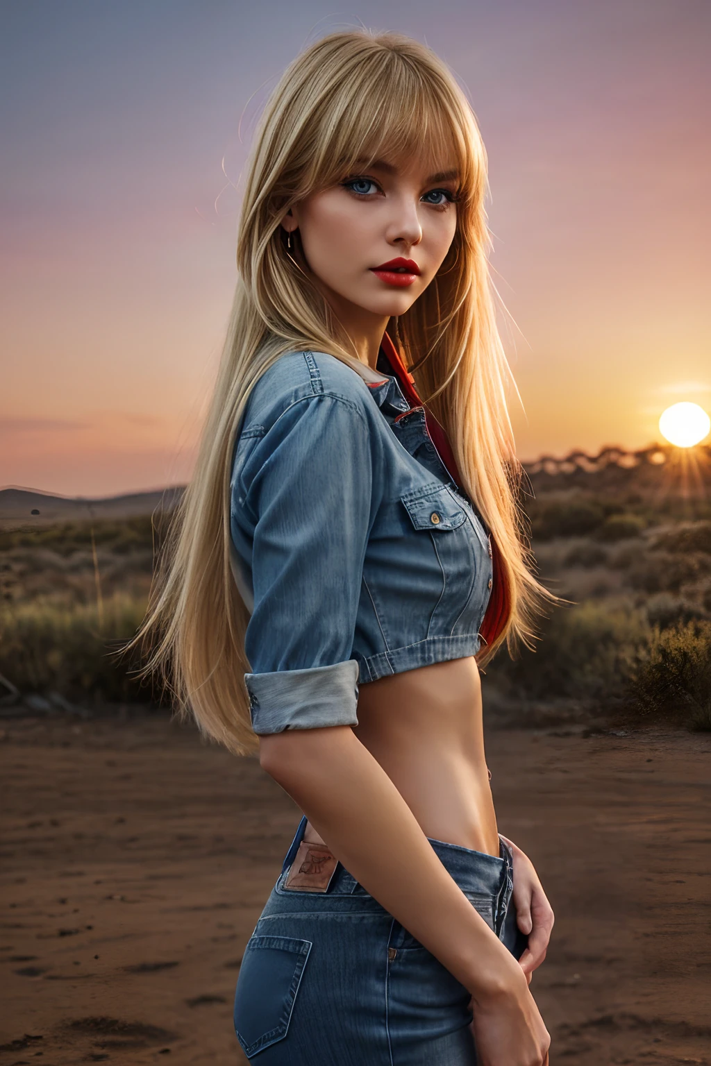 (8k, RAW photo, best quality, masterpiece:1.2), (realistic, photo-realistic:1.37), ( blonde young woman, slim, slender, small breast, tiny tits, (stands with her legs apart):1.1, (slender thin hips, round buttocks, sunken belly), ((blue denim open shirt)), (full body shot, low angle shot), 1girl, solo, jewellery, earrings, blond long hair, hair bangs, blue eyes, looking at viewer, realistic, makeup, full body, sunset background, red lips, outback background, eye shadow, multi coloured hair