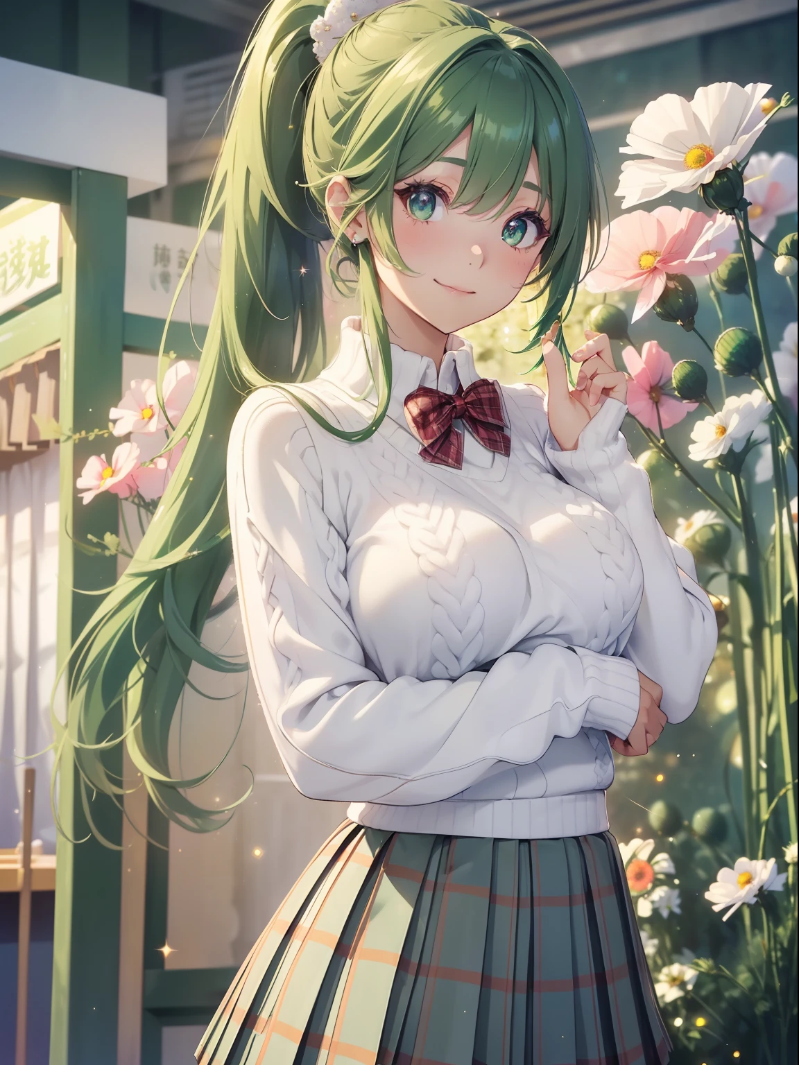 masutepiece, High resolution, 8K, anime woman, Delicate and detailed writing 、Detailed digital illustration、absurdly long hair、(((Ponytail)))、Shiny hair、a very beautiful woman、Eyes are double, Large,Little hanging eyes、 Bust E Cup、High image quality, High quality、Detailed background、、The inside of the eye shines like a diamond、(((Dark green hair)))、Gradient pupil、(((2 arms、4 fingers, 1 thumb)))、Detailed female face、a very beautiful woman、、细致背景、​masterpiece、Soft Focus , Bright gradient watercolor , Lens Flare , (((Glitter))) , Glow , Dreamy ,a miniskirt、Idol、Light Green Ribbon、Very beautiful light green rose hair accessories、Light green and gold costume with white as the main color、((Macroface))、(Cool Girl).Tall lady、Dignified.((No bangs))、Eyes with blue gradient glow、Full smile、(((Face Close-up)、(((Winding check stall))) 、(School Uniforms:1.2), (wearing a white knitted sweater over a white shirt,,,,,:1.3), (Plaid pleated skirt:1.3),(((Cosmos Garden)))、Full smile