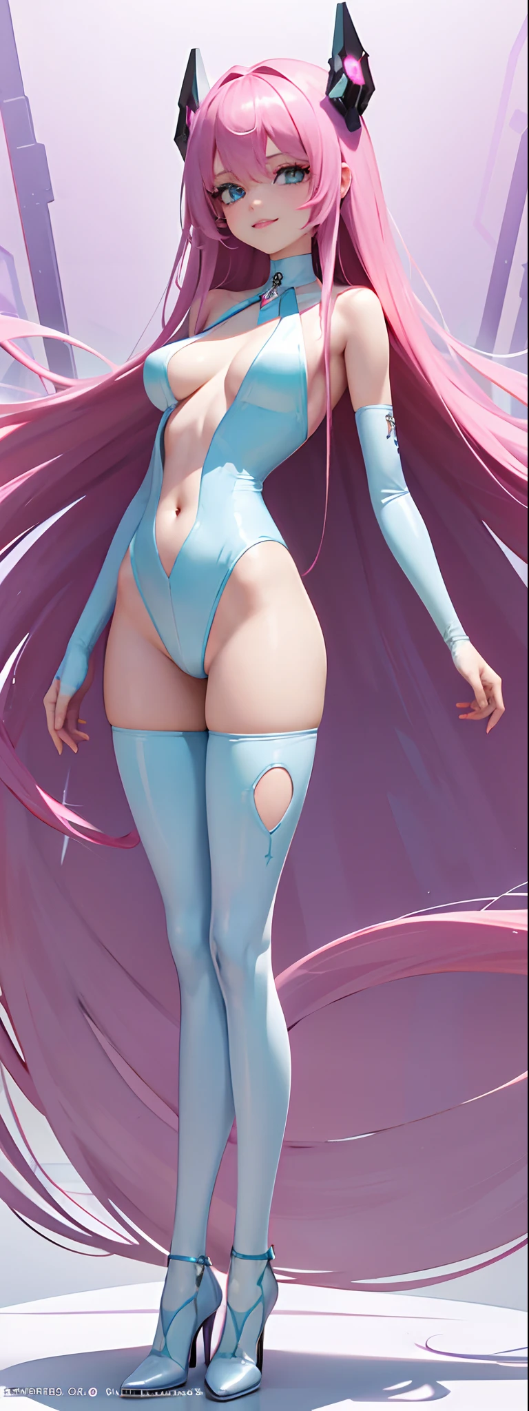 tmasterpiece，one-girl，pastelcolor, Cyan eyes, cyber punk perssonage, Pink Long Hair，deep v big breasts，chest，White latex tights，cleanness，Bare arms，show legs，Open navel，Slimming the waist, Happy smile, whole-length, legsupms, full bodyesbian：1.3