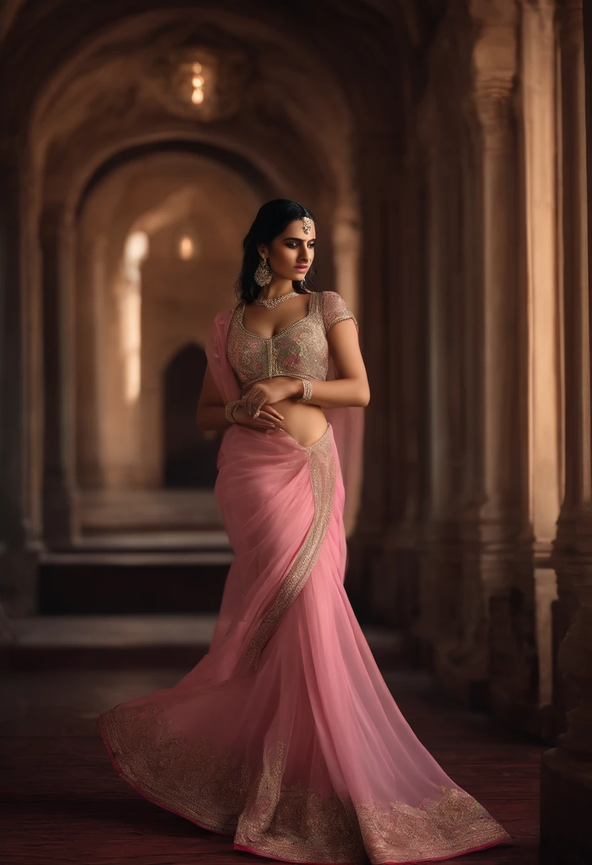 full body view of a girl armenian girl head to toe,wearing transparent bra and pink saree low waist(black hair), ((portrait)), ((detailed face:1.2)), ((detailed facial features)), (finely detailed skin), pale skin, (high detailed deep cleavage , environment, moist, reflections, (masterpiece) (perfect proportion)(realistic photo)(best quality) (detailed) photographed on a Canon EOS R5, 50mm lens, F/2.8, HDR, (8k) (wallpaper) (cinematic lighting) (dramatic lighting) (sharp focus) (intricate)