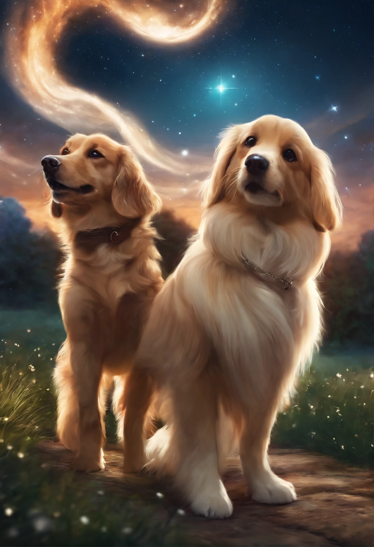 Anime Starfield,pup,the tail and walk happily,Dogs appear,4K clarity,Anime Dogs,Painting style heals itself
