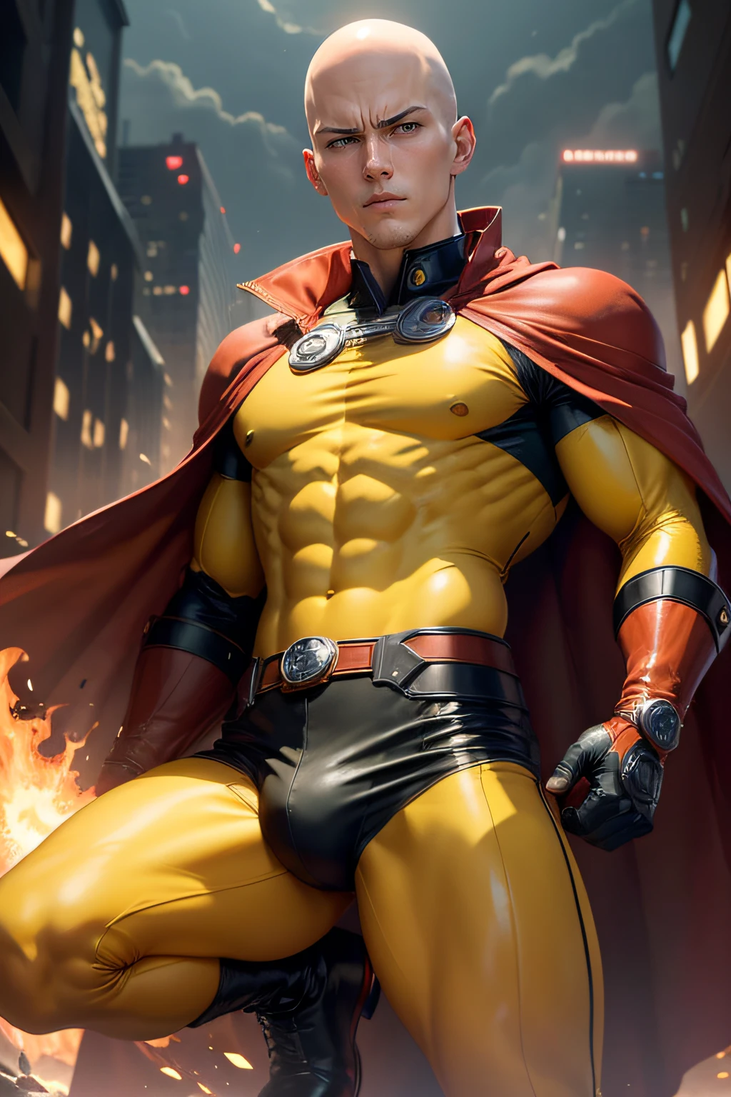 Absurd resolution, high resolution, (masterpiece: 1.4), hyperdetail, 1boy, young man, innocent face, one-punch man, Saitama, fight, detailed masculine body, clean shave, bald. yellow colour outfit, red cape and ,red boots and gloves, fist is on fire. The backgrounds abandoned city.