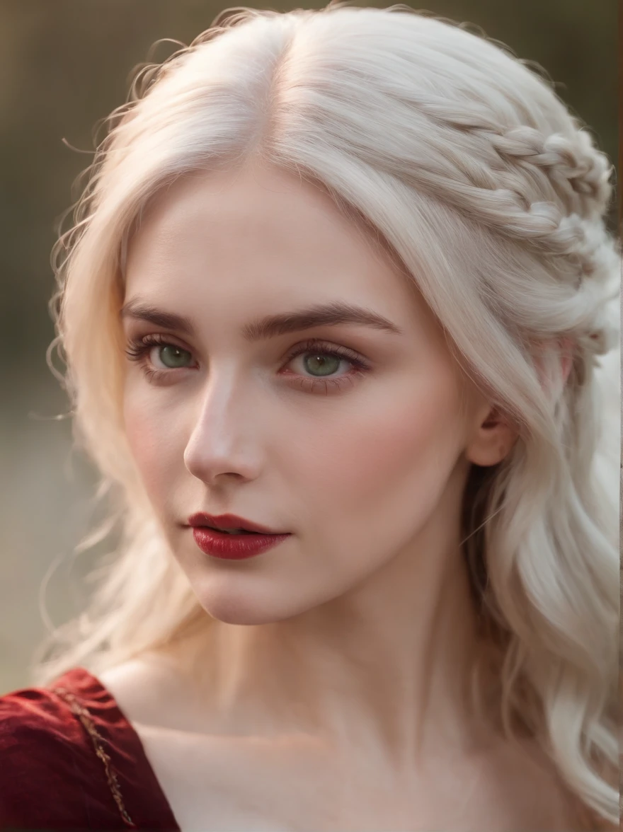 (((a deep reddish wound crosses her left cheek))) fair complexion, woman around 19 years old, natural white hair, distinctive green eyes, wearing kohl, slender and graceful, beautiful, candlelight in a medieval setting, ultra sharp focus, realistic shot, medieval female clothes, tetradic colors (scar:1.4)