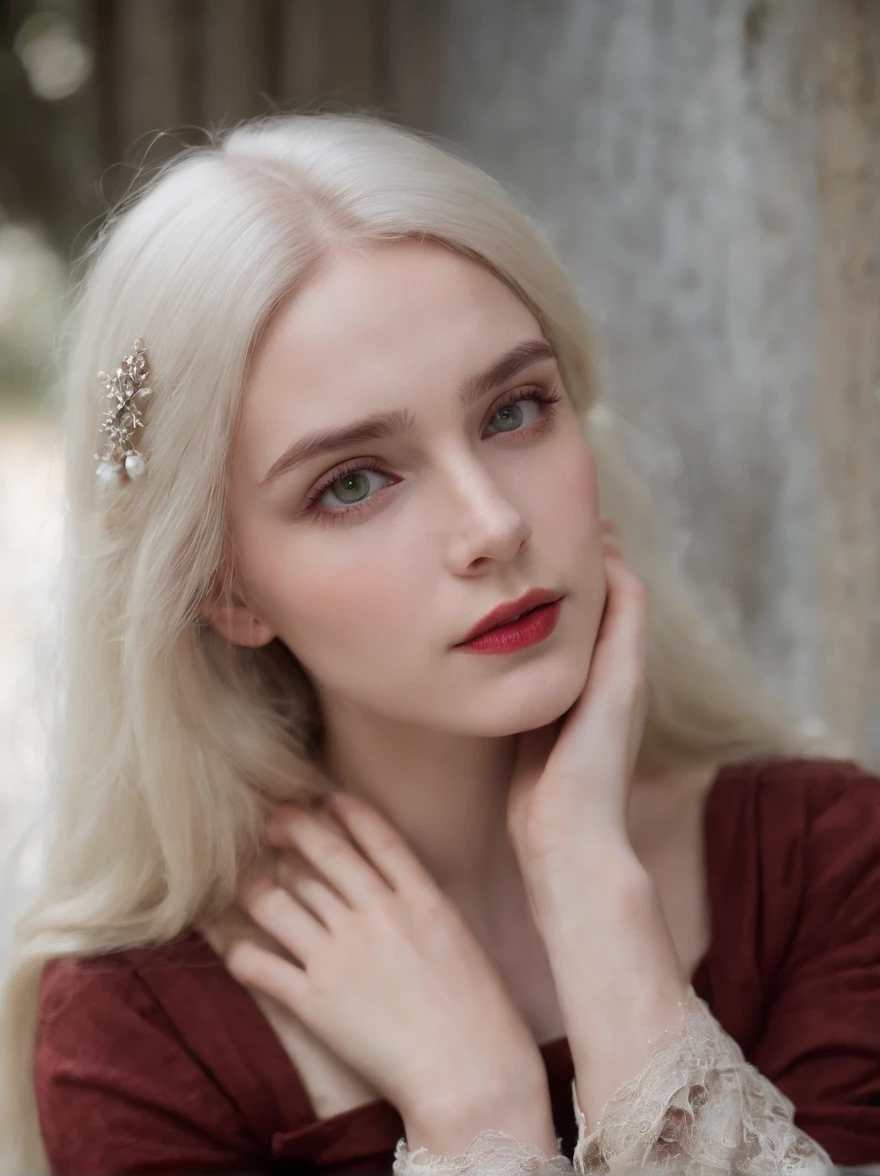 (((a deep reddish wound crosses her left cheek))) fair complexion, woman around 19 years old, natural white hair, distinctive green eyes, wearing kohl, slender and graceful, beautiful, candlelight in a medieval setting, ultra sharp focus, realistic shot, medieval female clothes, tetradic colors (scar:1.4)