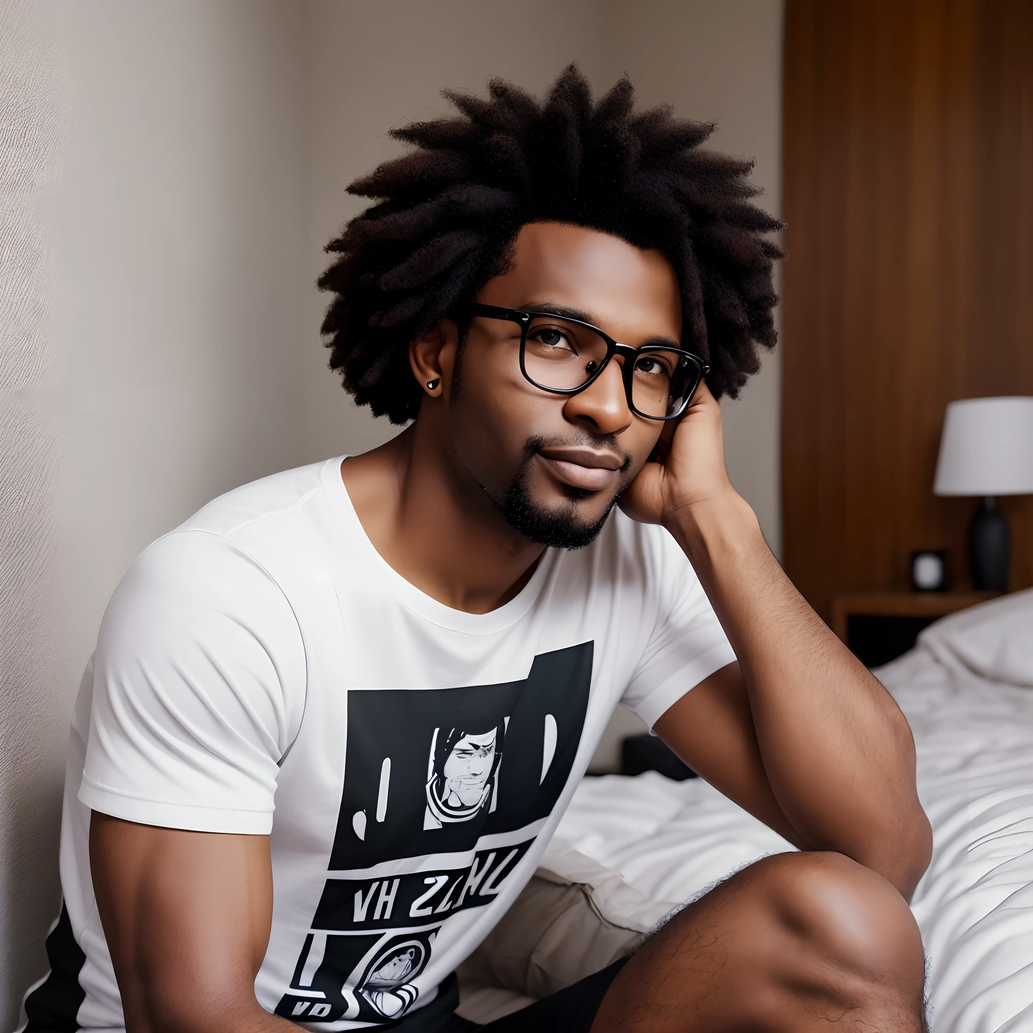 portrait photo of a handsome 35-year-old Angolan guy, dark afro hair, dark eyes, wearing glasses, smooth black skin, dressed in a white t-shirt with the writing Fernando, sitting in front of the camera, in his room with good lighting --auto --s2