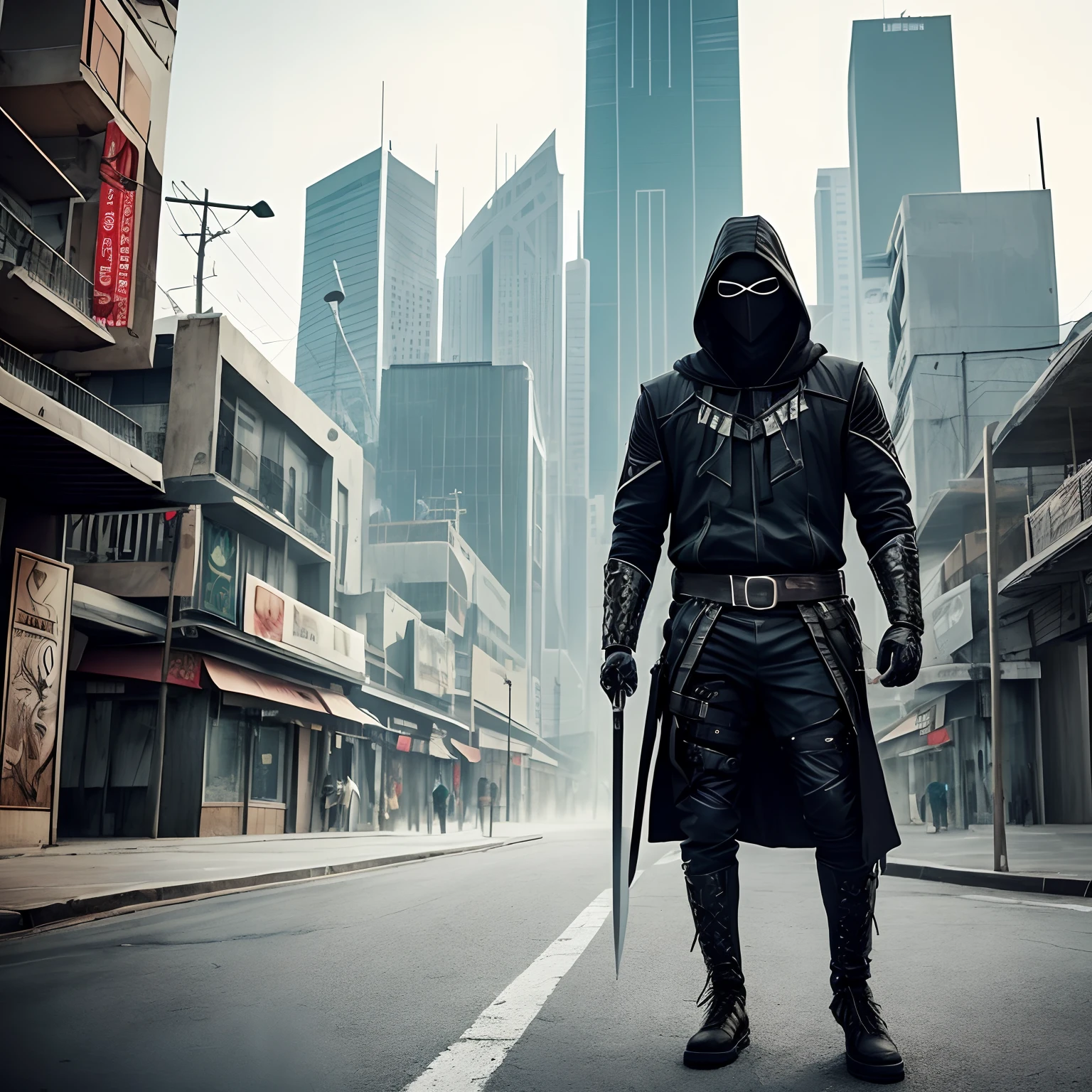 An aesthetic man with hood and black mask, dressed in a black warrior costume wandering the streets of a futuristic and apocalyptic city with swords