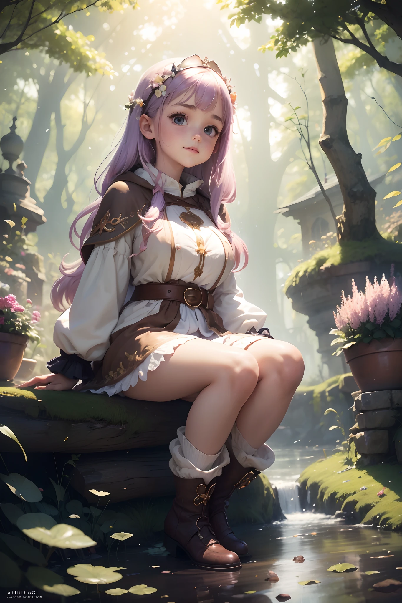 Best quality, (Masterpiece:1.2), illustration, absurderes, (1girll, Solo), (Beautiful detailed girl),, Aeolia, Lilac hair, long whitr hair, cheerfulness, cheerful big breasts, shift dresses, coat large, (fantasy:1.1) (medieval:1.1) Outfit,, White shirt, brown shorts, Fleece-lined boots, Brown boots,, a magical forest, Flowers, Fairy ring, Lake, sky, Clouds