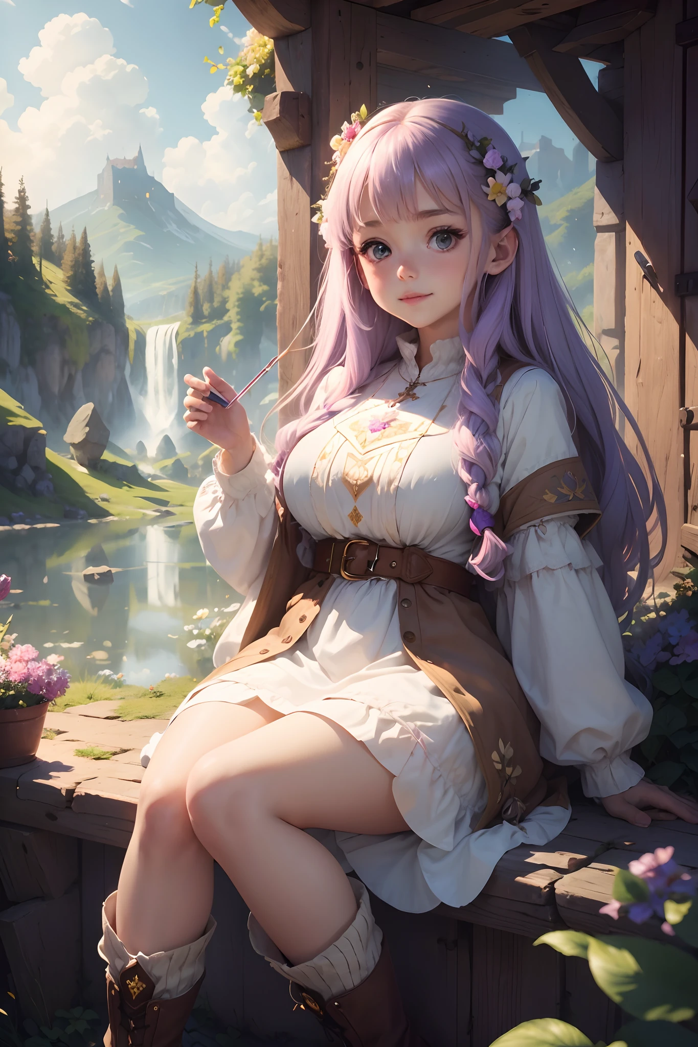 Best quality, (Masterpiece:1.2), illustration, absurderes, (1girll, Solo), (Beautiful detailed girl),, Aeolia, Lilac hair, long whitr hair, cheerfulness, cheerful big breasts, shift dresses, coat large, (fantasy:1.1) (medieval:1.1) Outfit,, White shirt, brown shorts, Fleece-lined boots, Brown boots,, a magical forest, Flowers, Fairy ring, Lake, sky, Clouds