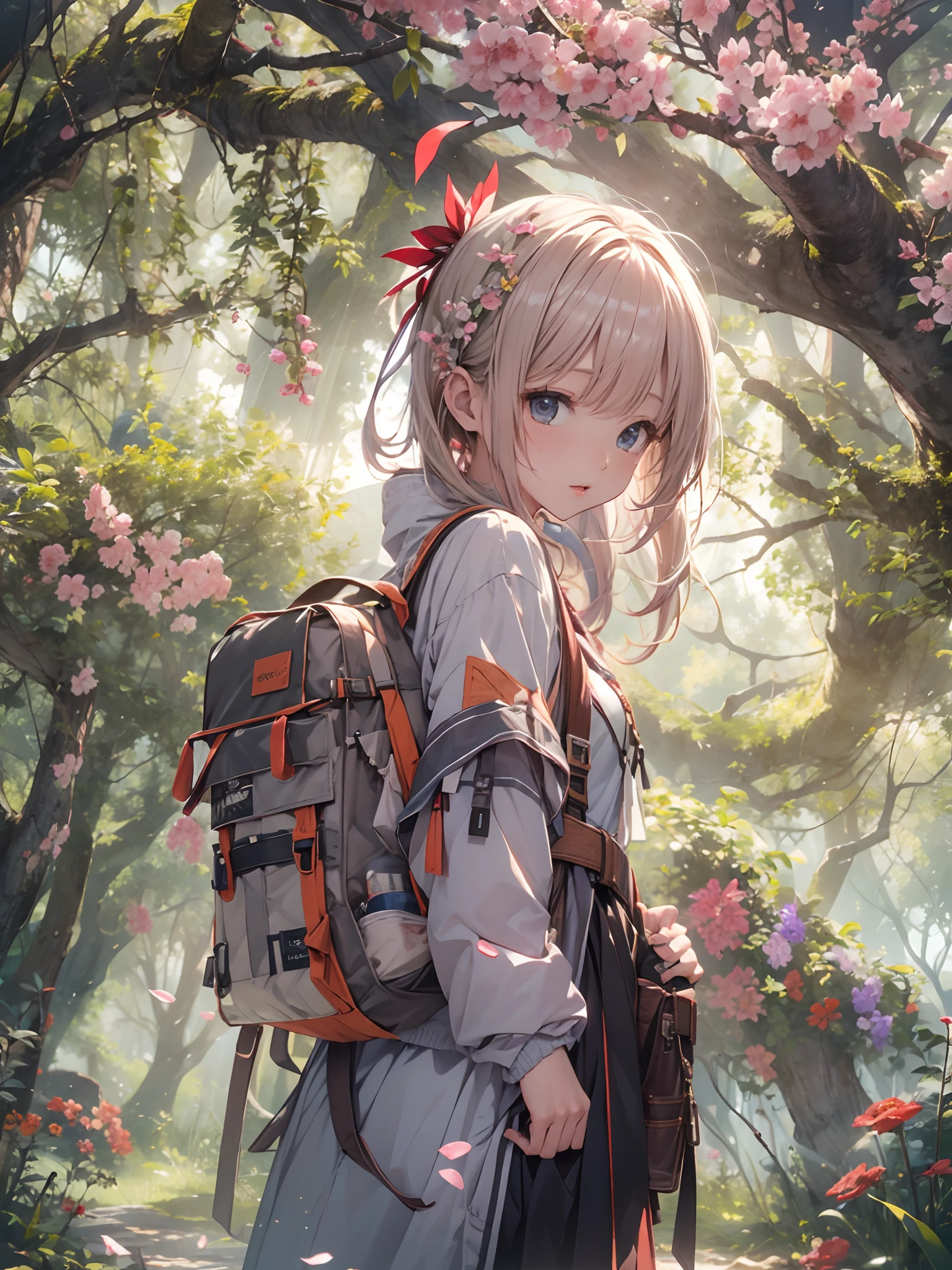tmasterpiece、top-quality、8K,1 rapariga、独奏、from rear、rucksack、Light jacket、Daytime、the woods、The tree、lot of flowers、cliff、copse、rays of sunshine、mountainous setting、Skysky、Warm lighting、surrealist、细致背景、depth of fields、rim lit、Specular highlights、full bloom、Atmospheric lighting、Sunlight、