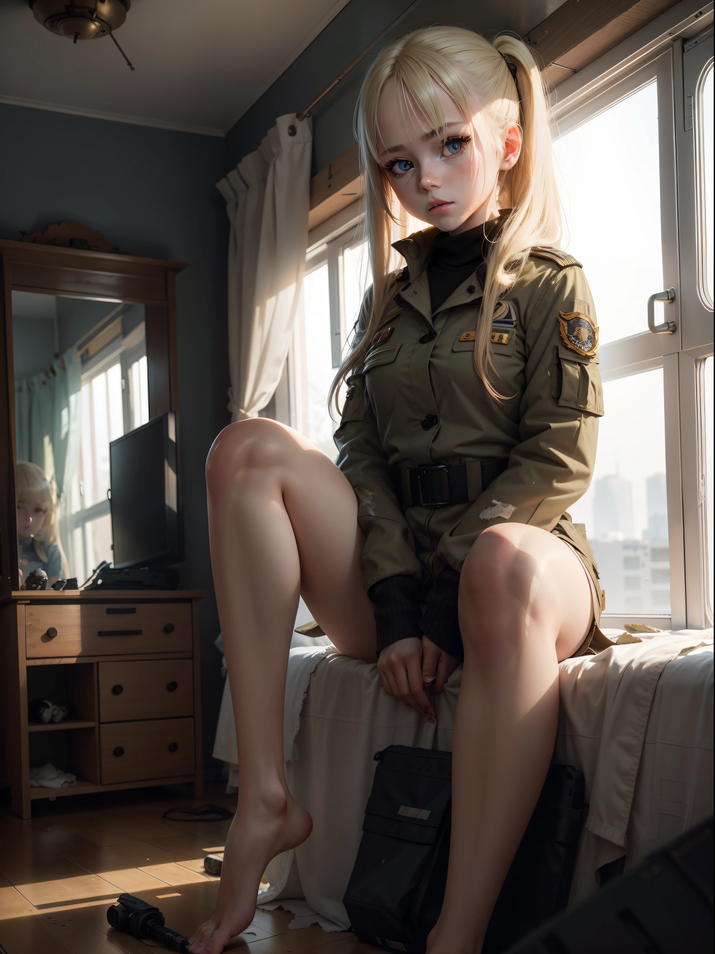 Destroyed aircraft carrier,ukrainian girl , Ukrainian anime girls , , Ukraine ,  Full body composition of young girl with messy bright blonde hair, eye make up, 13 year old,  Soft lighting, Solo,, badges, Pose, Blotch color, Octane Render, Hyperrealistic intricate detail, Cinematic, 8K resolution, 70mm, Accent Lighting, Global Illumination, Full body portrait, clean detailed faces, poneyTail,Cute face,, Slim legs,In the military bedroom,